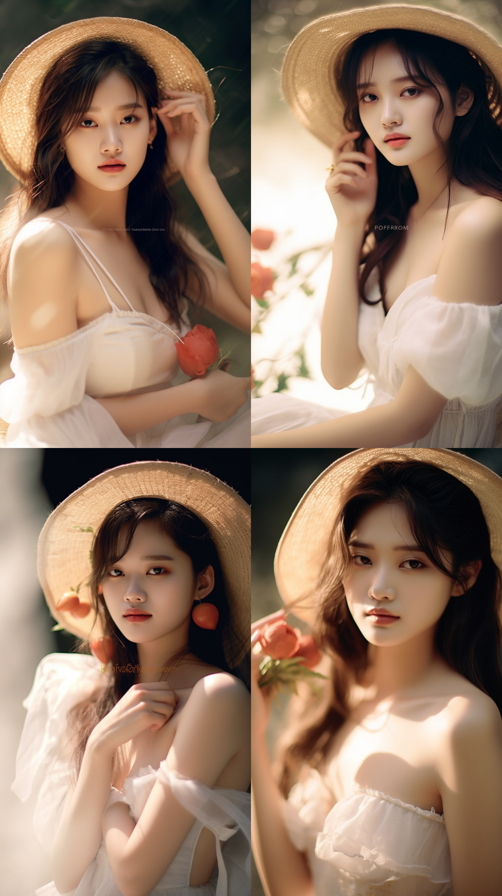 美女手持水蜜桃，红唇微笑，白纱裙飘动，花篮帽点缀，自然光线，柔和色调，环境肖像，中景构图，风吹动长发，温暖情感，红润水灵水蜜桃，阳光，最美风光。高清晰度，肖像模式，浅景深，抓拍，生动色彩。