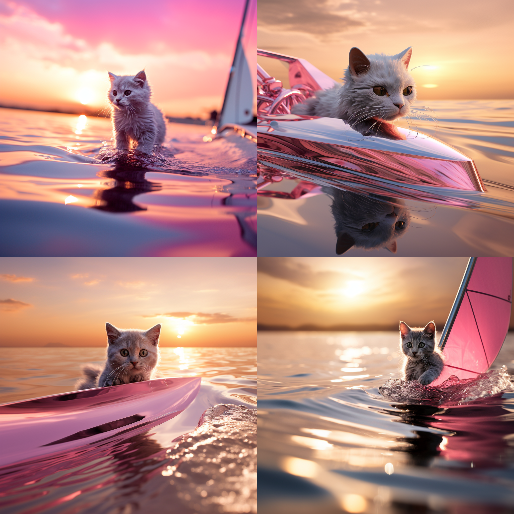 银色机器猫冲浪，粉色海洋，夕阳余晖，水面倒影，远处有帆船，全景构图，中长焦镜头，柔和侧光，动感，优雅，梦幻色彩，自由。