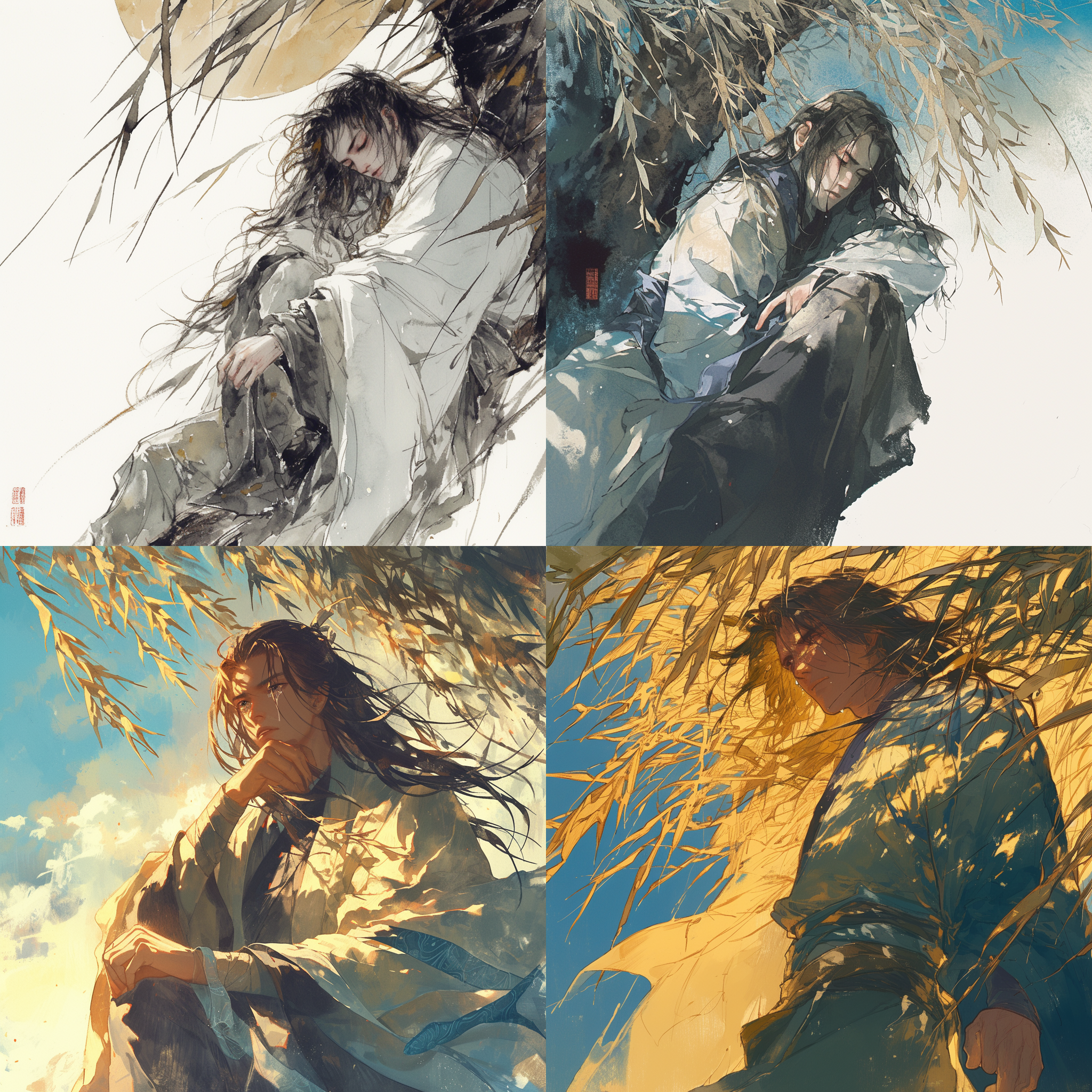 长发男子柳下休憩，风吹暖，愁云散，望远处阳春。中国风画风，落魄表情，乌鬓，白首，泪痕，紧握双手，晴天。表达情感，有晴风归去，九霄云外，自我坚守，明神时刻，表现力强。