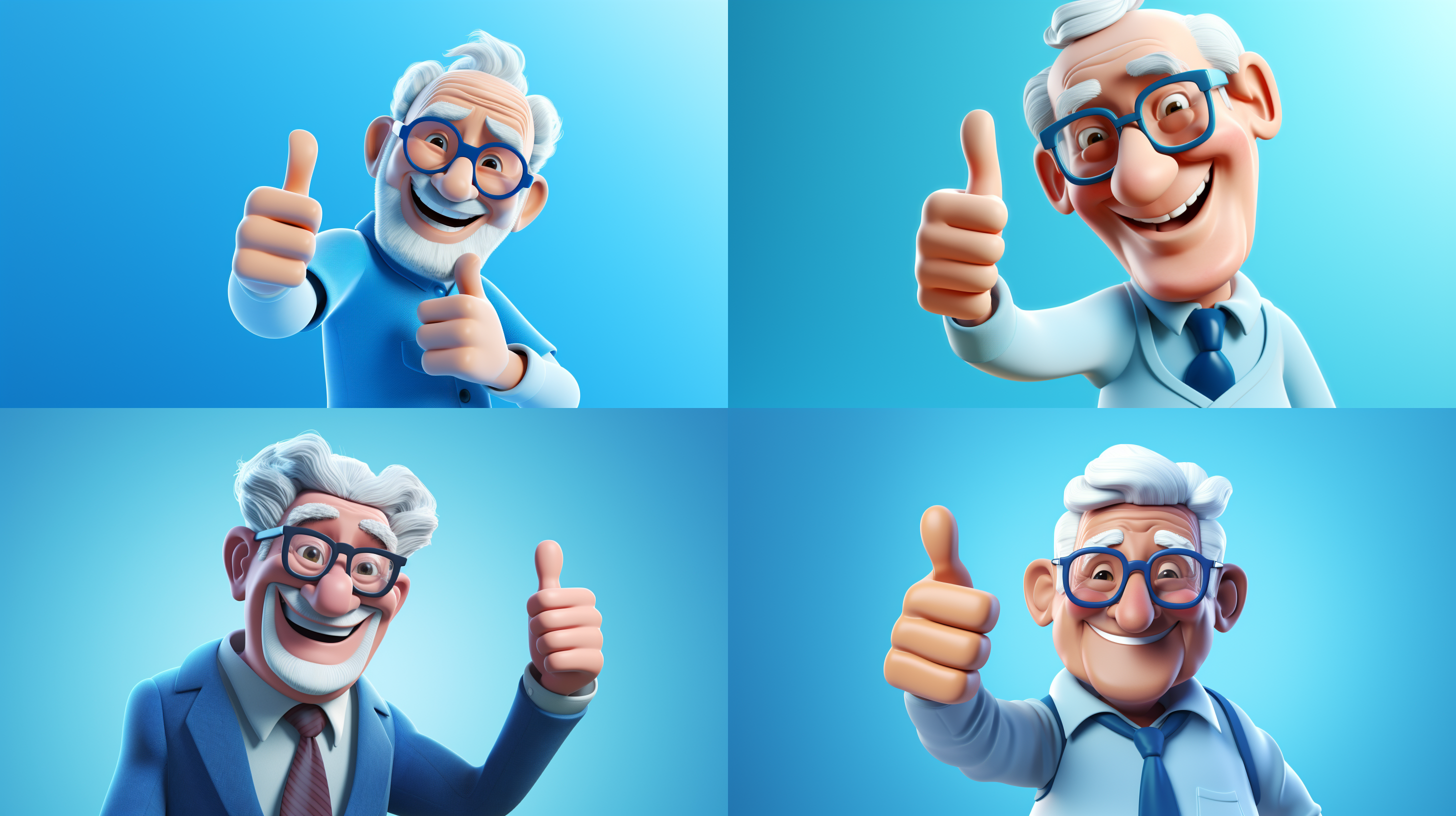 卡通 3d 一位微笑老人 竖起大拇指点赞的动作 蓝色纯色简单背景 明亮