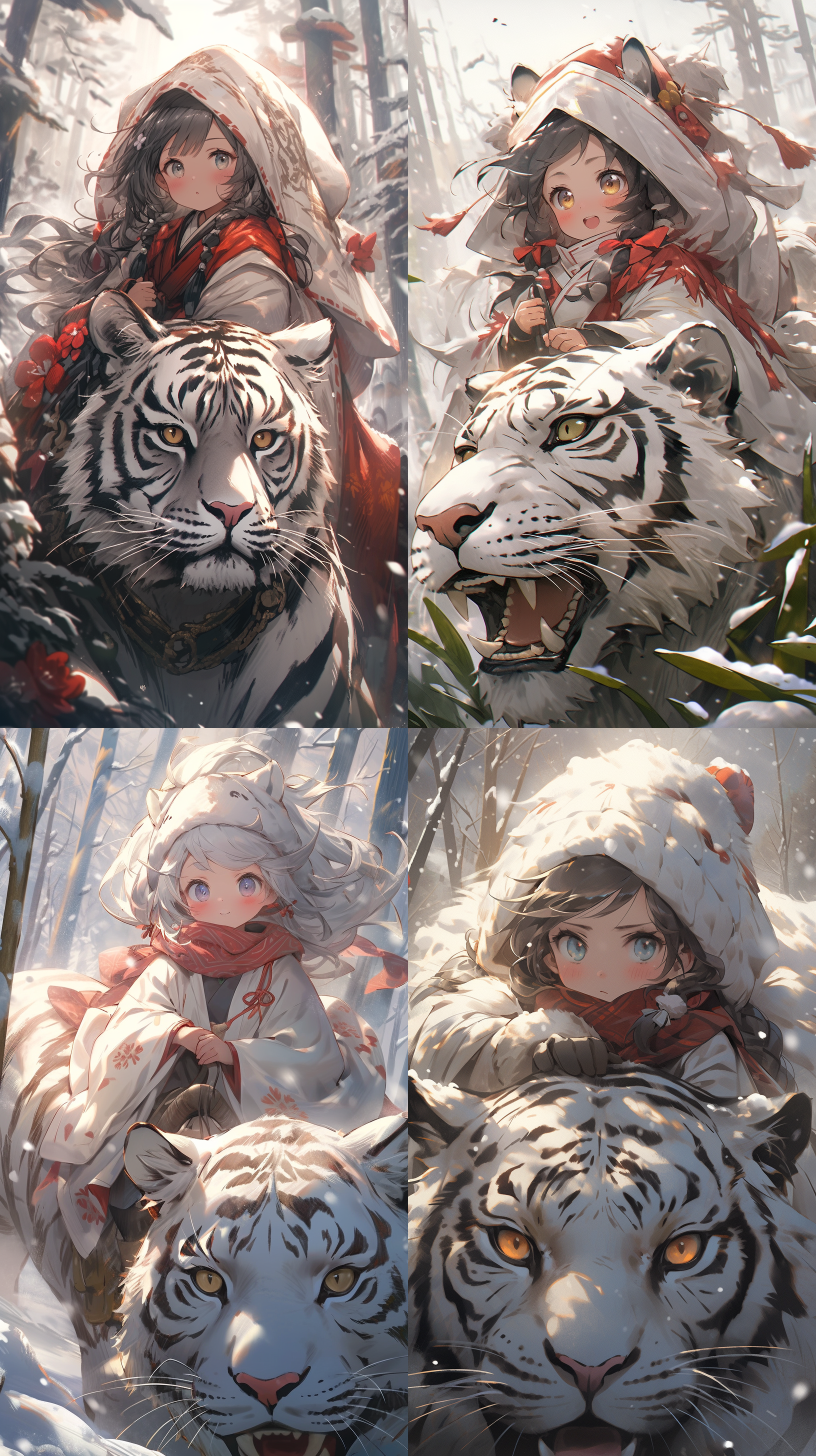 在暴风雪下的树林里，一个穿着斗篷的可爱小女孩骑着一只巨大的白虎，表现力