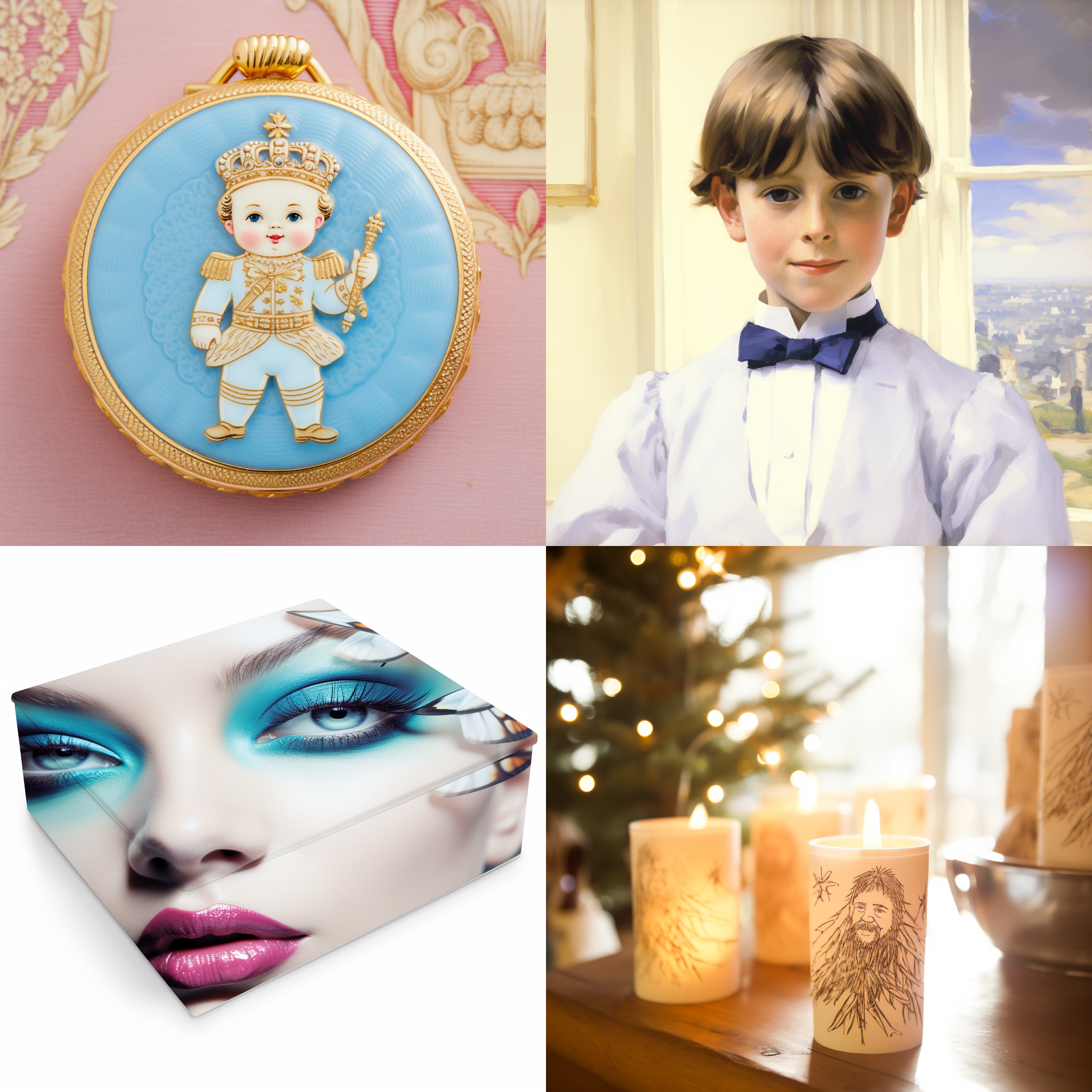 精美盒子，盒子表面为人像图片白色桌面，白布