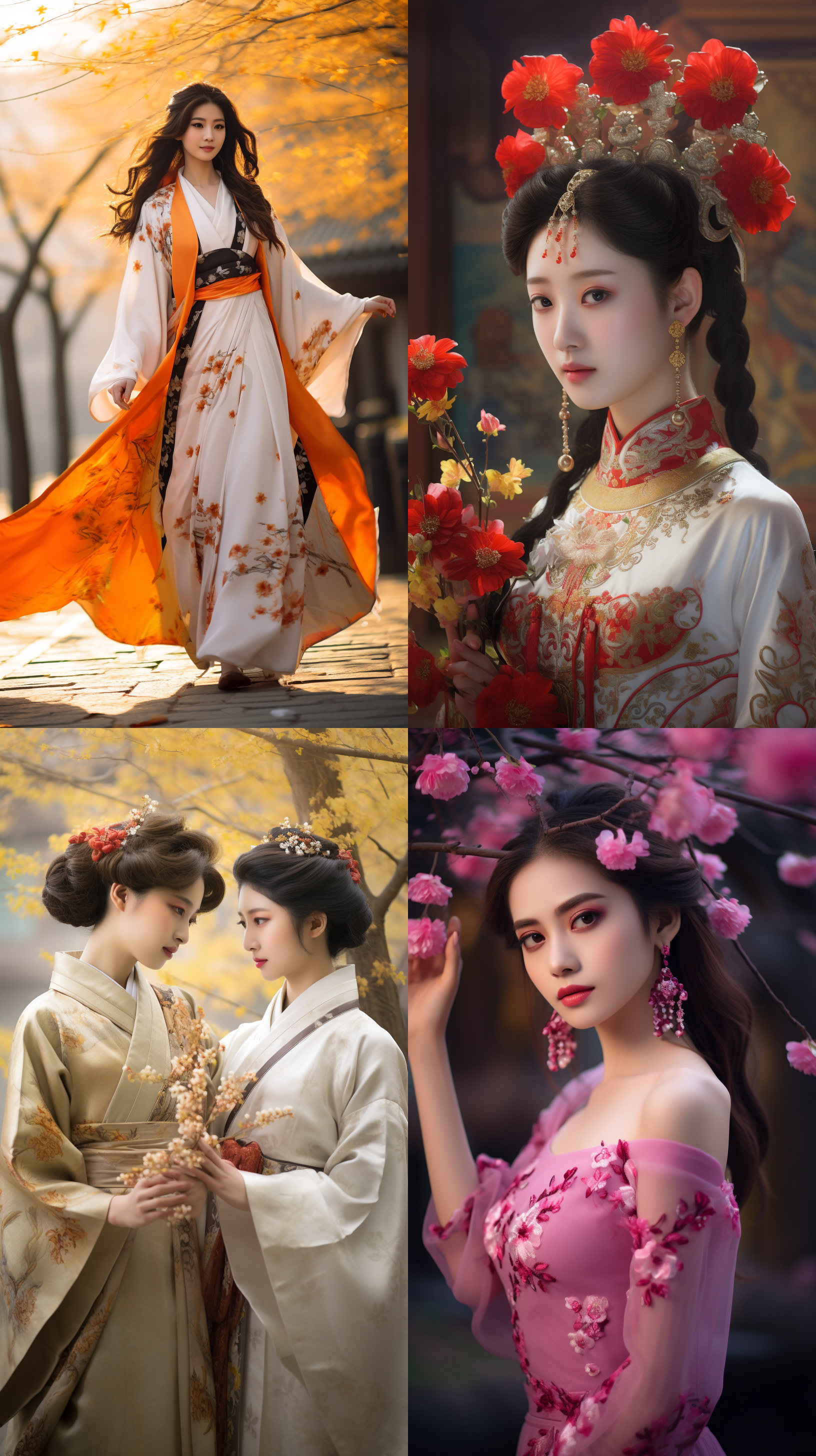 室外拍摄，明亮色调，中国模特穿着古典服装，侧面肖像，柔和光线，中焦镜头，端庄表情，优雅动作，传统元素，油画效果，温暖情感