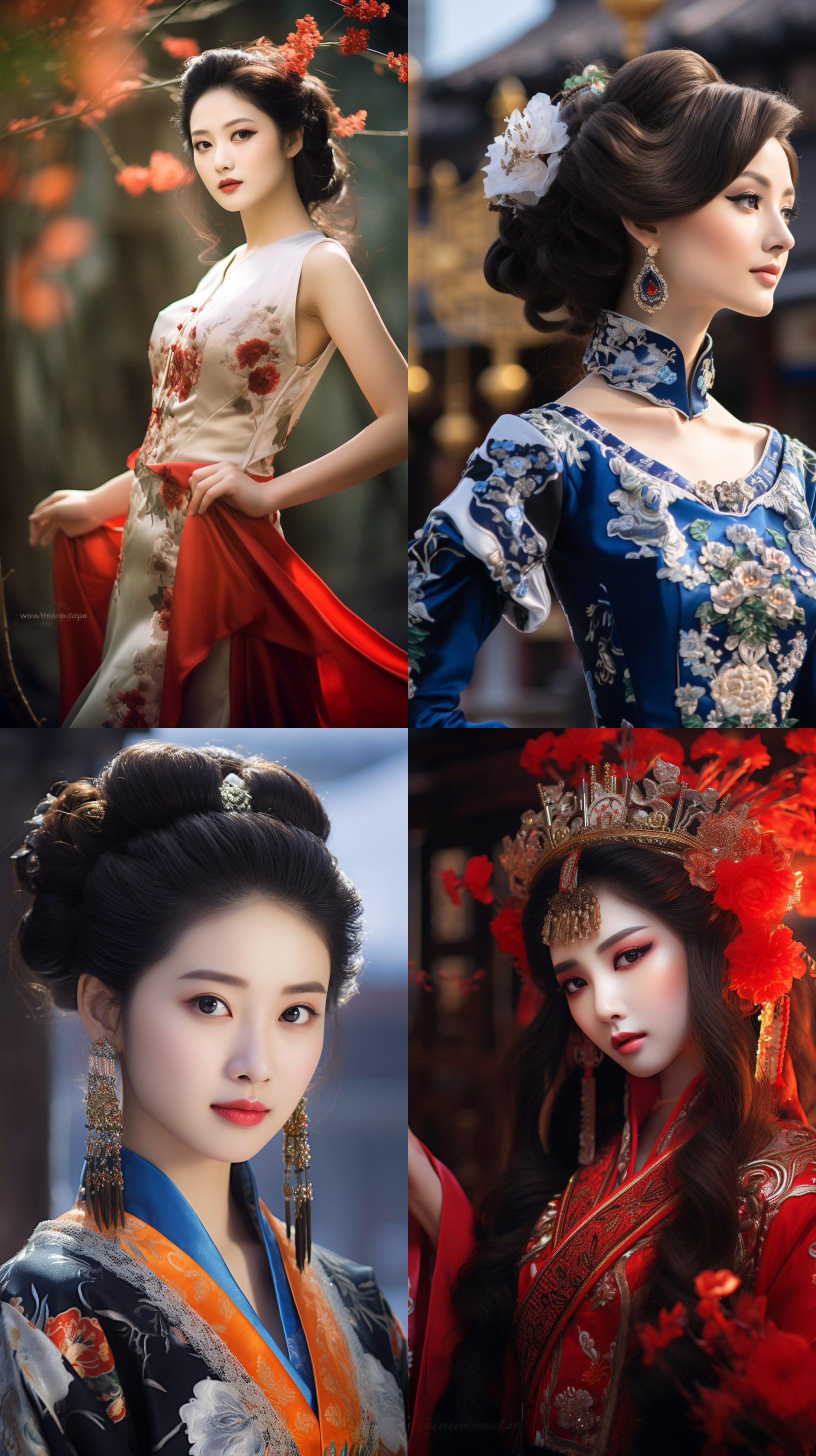 室外拍摄，明亮色调，中国模特穿着古典服装，侧面肖像，柔和光线，中焦镜头，端庄表情，优雅动作，传统元素，油画效果，温暖情感