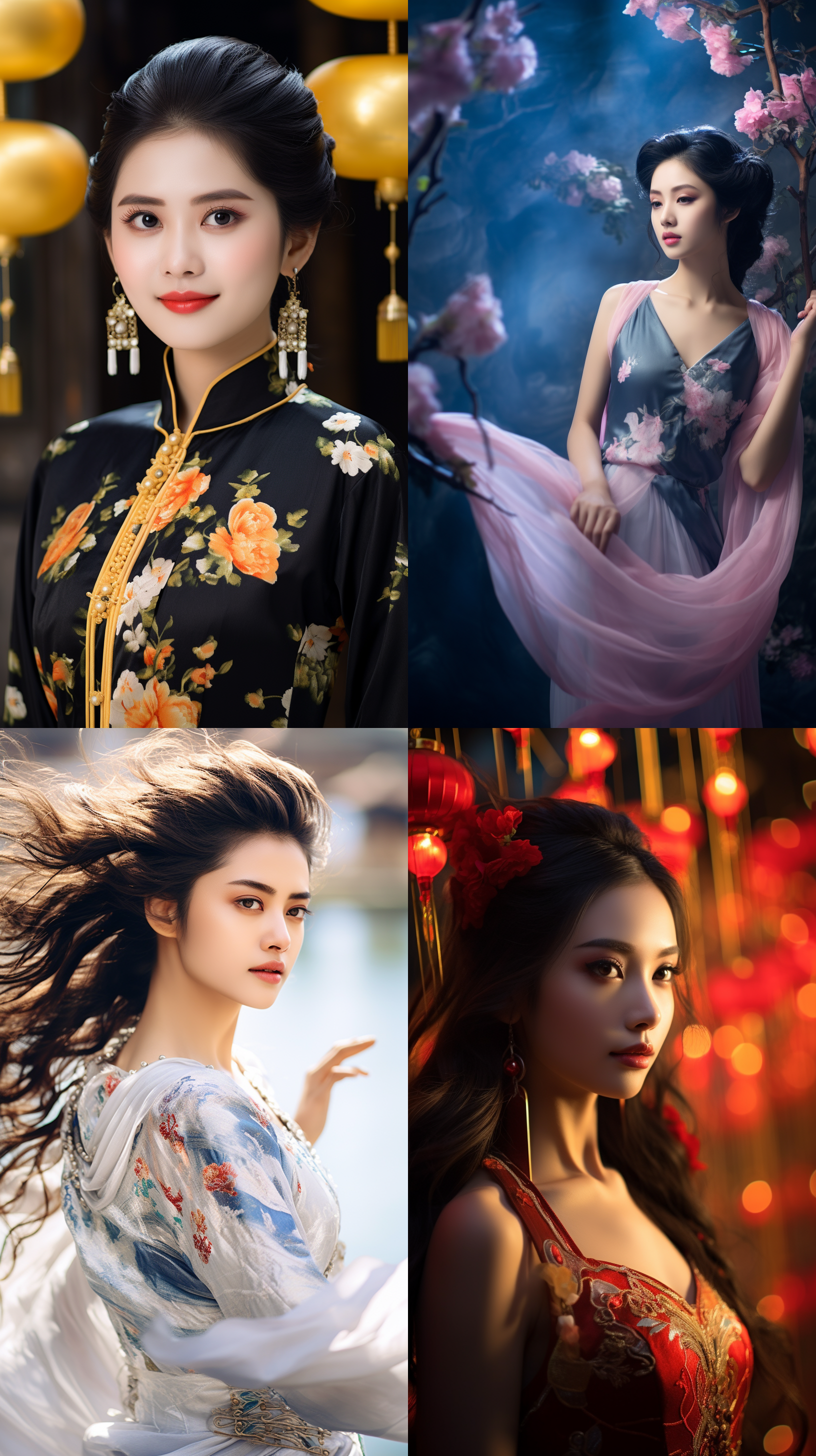 室外拍摄，明亮色调，中国模特穿着古典服装，侧面肖像，柔和光线，中焦镜头，端庄表情，优雅动作，传统元素，油画效果，温暖情感