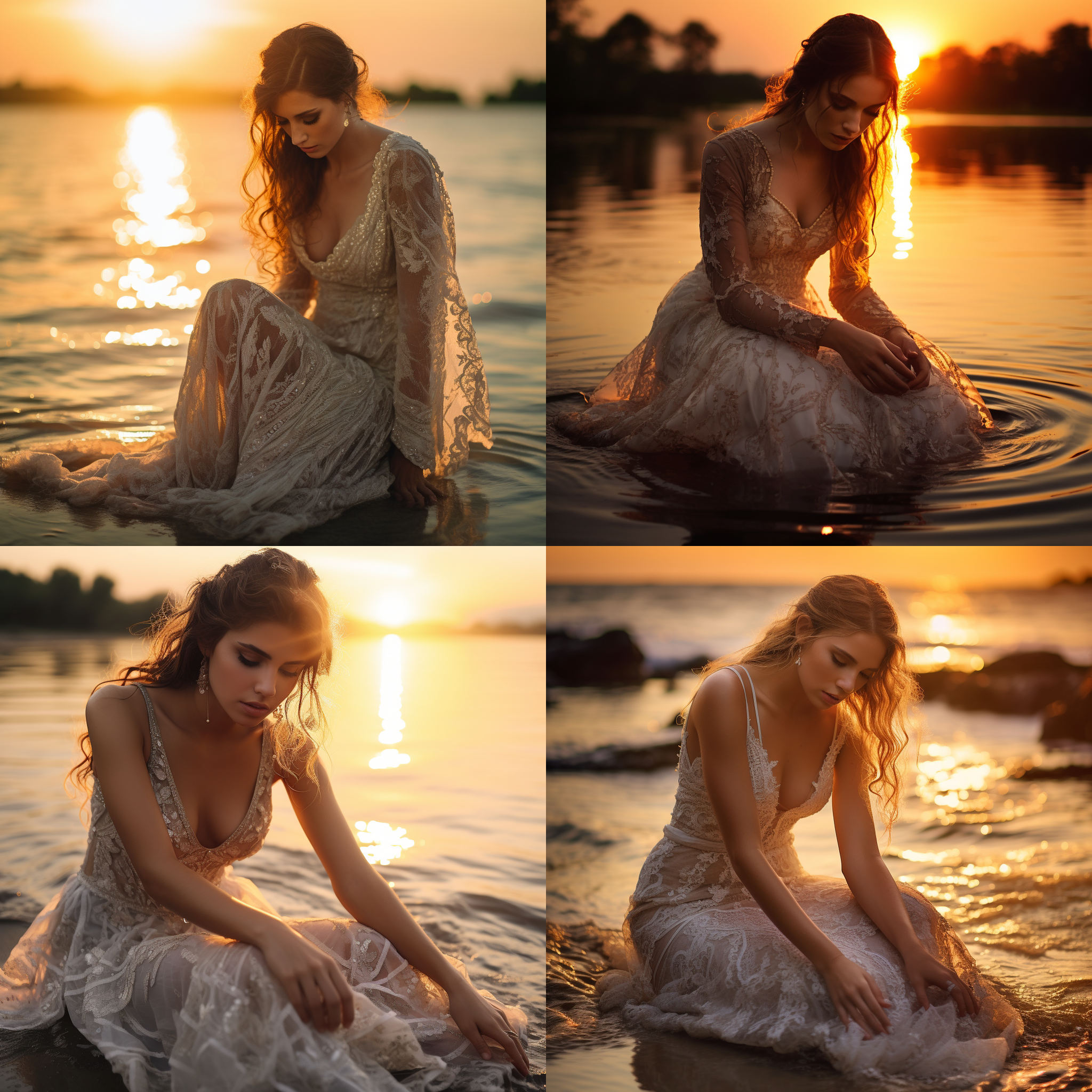女人穿着婚纱蹲在日落下，标准镜头拍摄，闪闪的眼睛，水汪汪大眼，游戏质感，全局照明，暖光，侧光，情调光，鲜艳色彩。