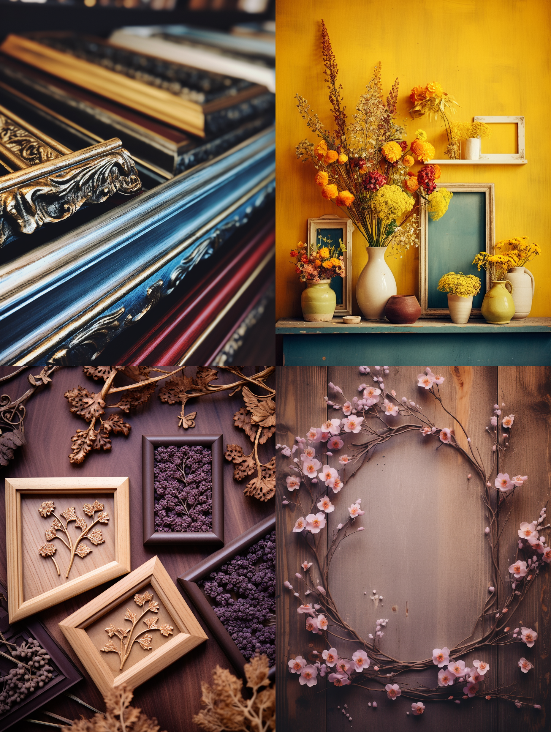 画框创意素材，复古风格，木质画框，花草装饰，明亮色调，静物摄影，细节特写，自然光，温暖氛围，优雅。
