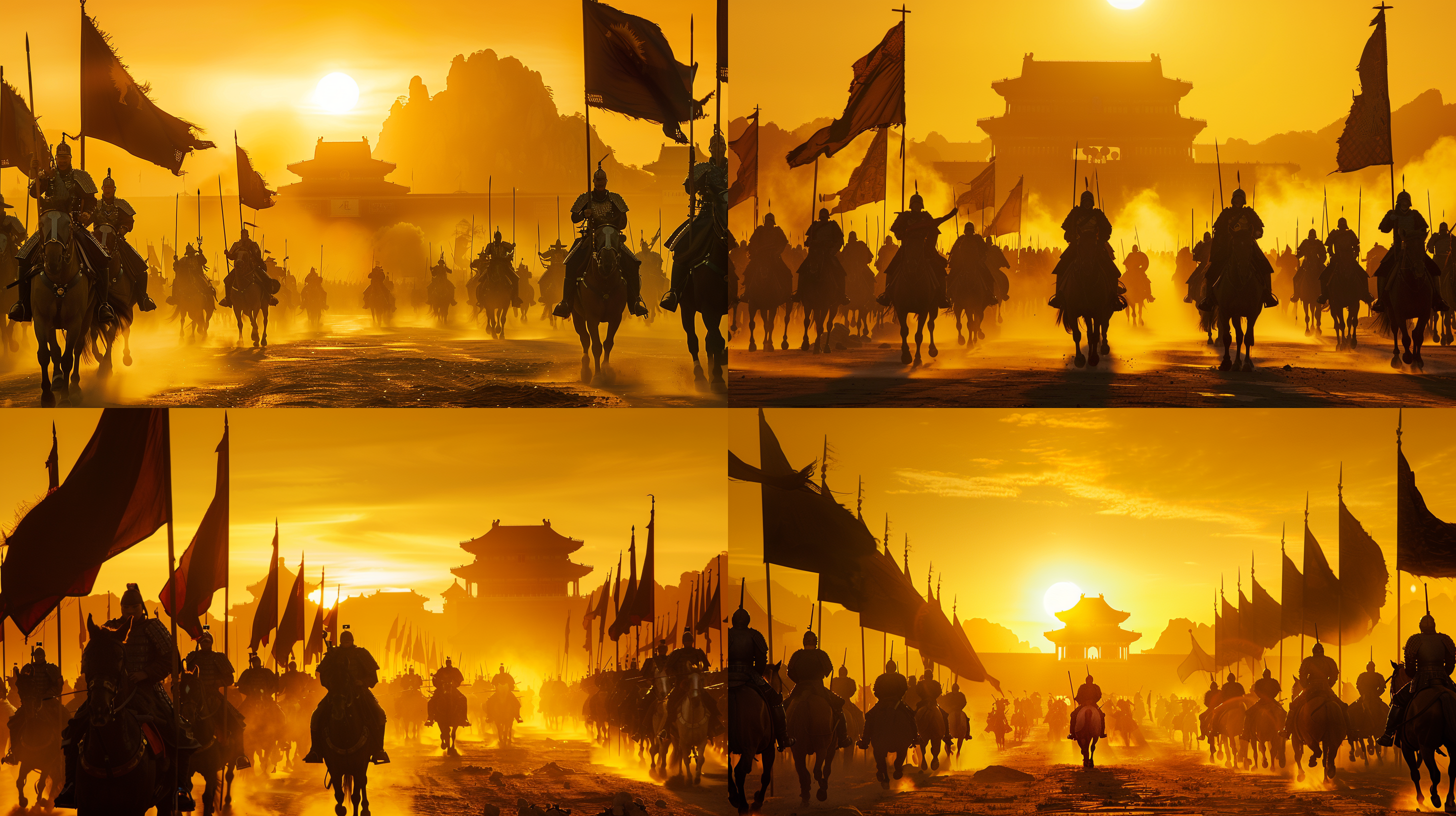 铠甲骑兵与步兵集结，旗帜高扬，夕阳余晖，构图对称，广角镜头，昏黄画面