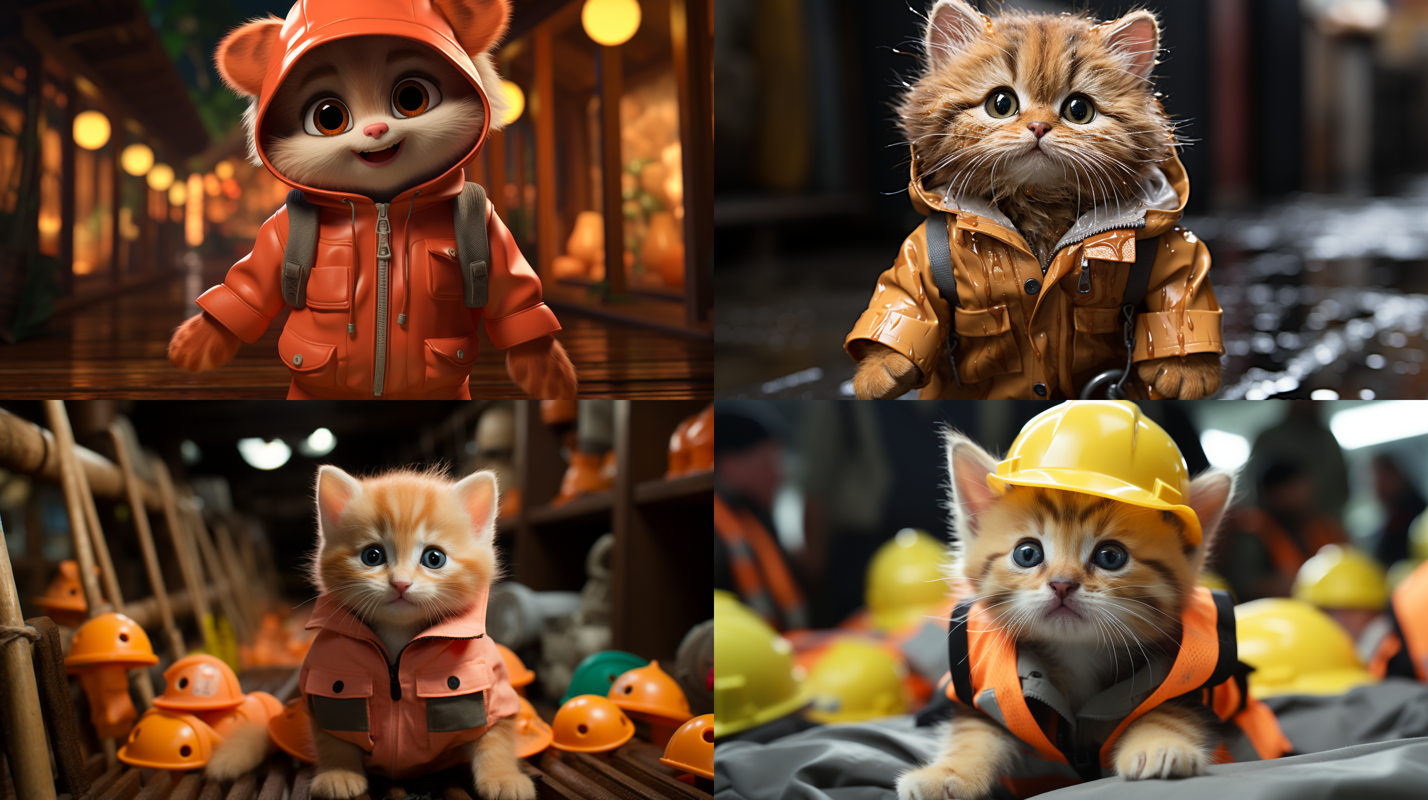 橘猫穿着胖嘟嘟的工作服，可爱憨憨，漫画形象，3d效果，电影质感，室内环境，柔和侧光，暖色调，特写镜头，温馨，惹人怜爱。
