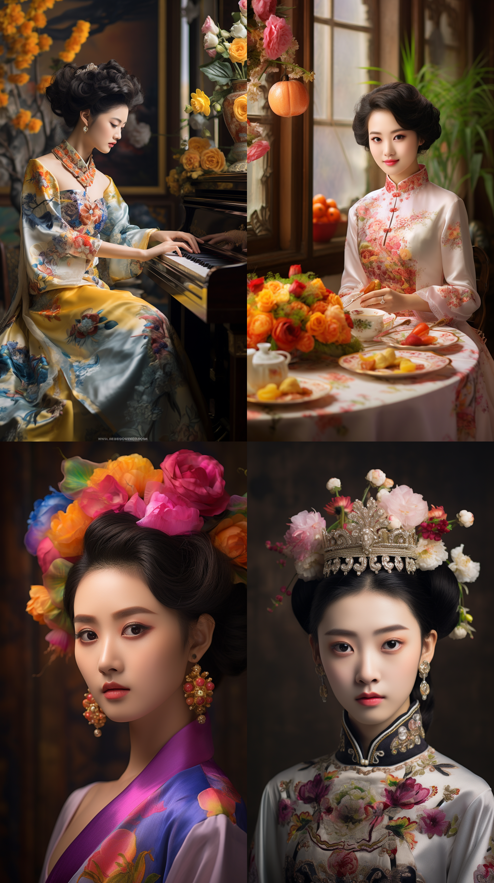 室内拍摄，明亮色调，中国模特穿着古典服装，侧面肖像，柔和光线，中焦镜头，端庄表情，优雅动作，传统元素，油画效果，温暖情感