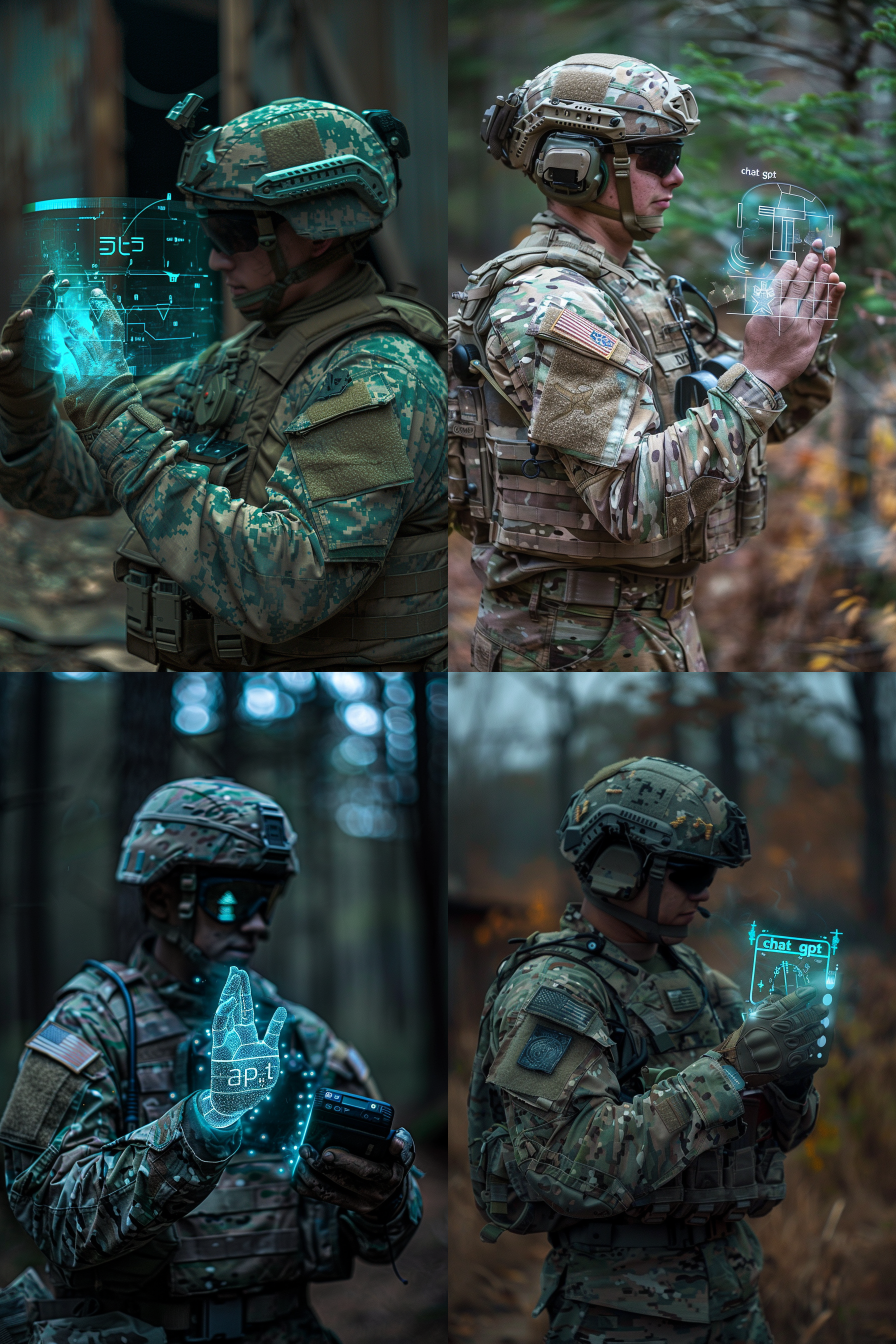 a futuristic u.s. army soldier in forest camouflage military uniform using a handheld machine that generates a hologram over his hand that says "chat gpt"