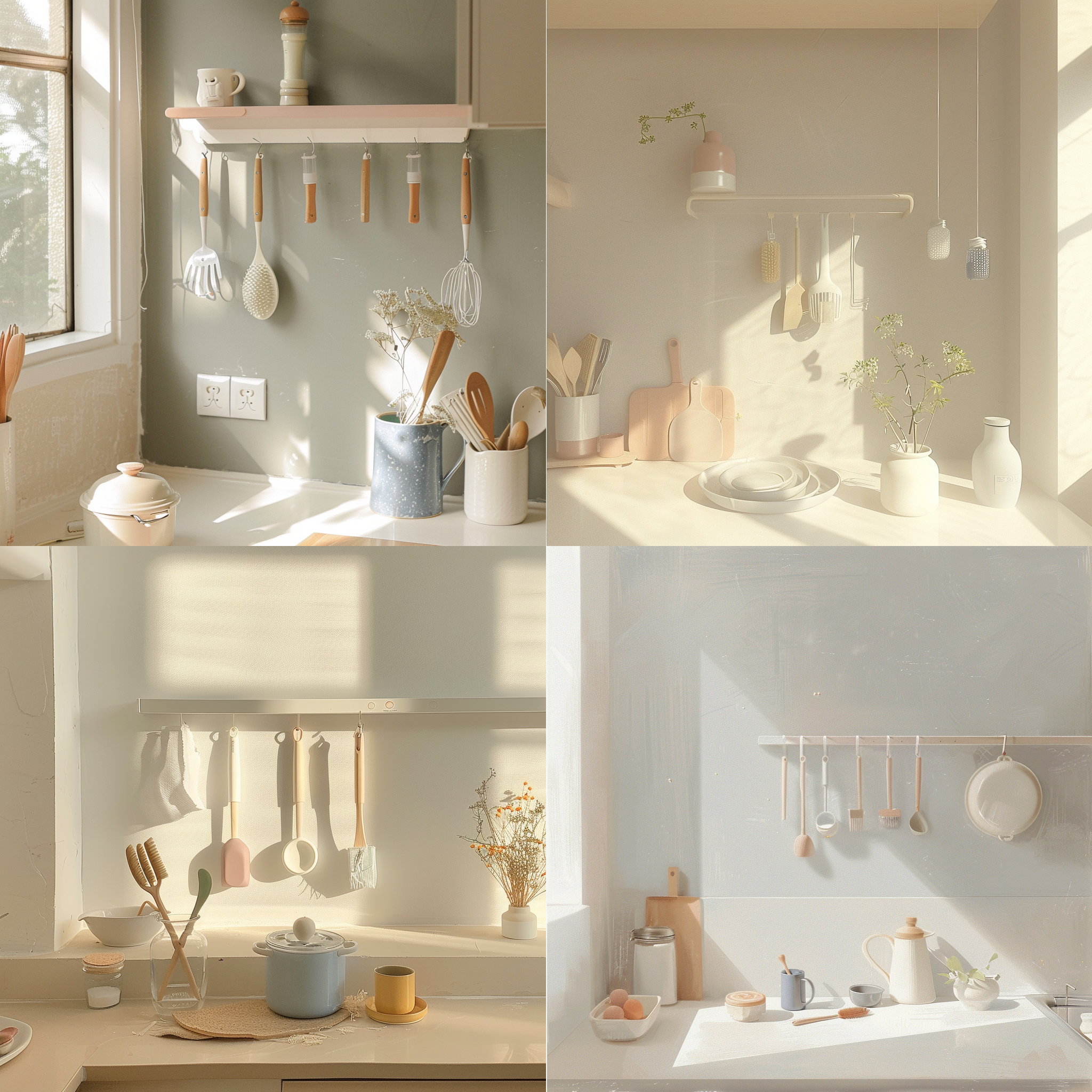 温馨的厨房，阳光从窗户外照射进来，光线柔和，画面明亮，墙上挂着婴儿奶瓶刷，展现奶瓶刷细节。