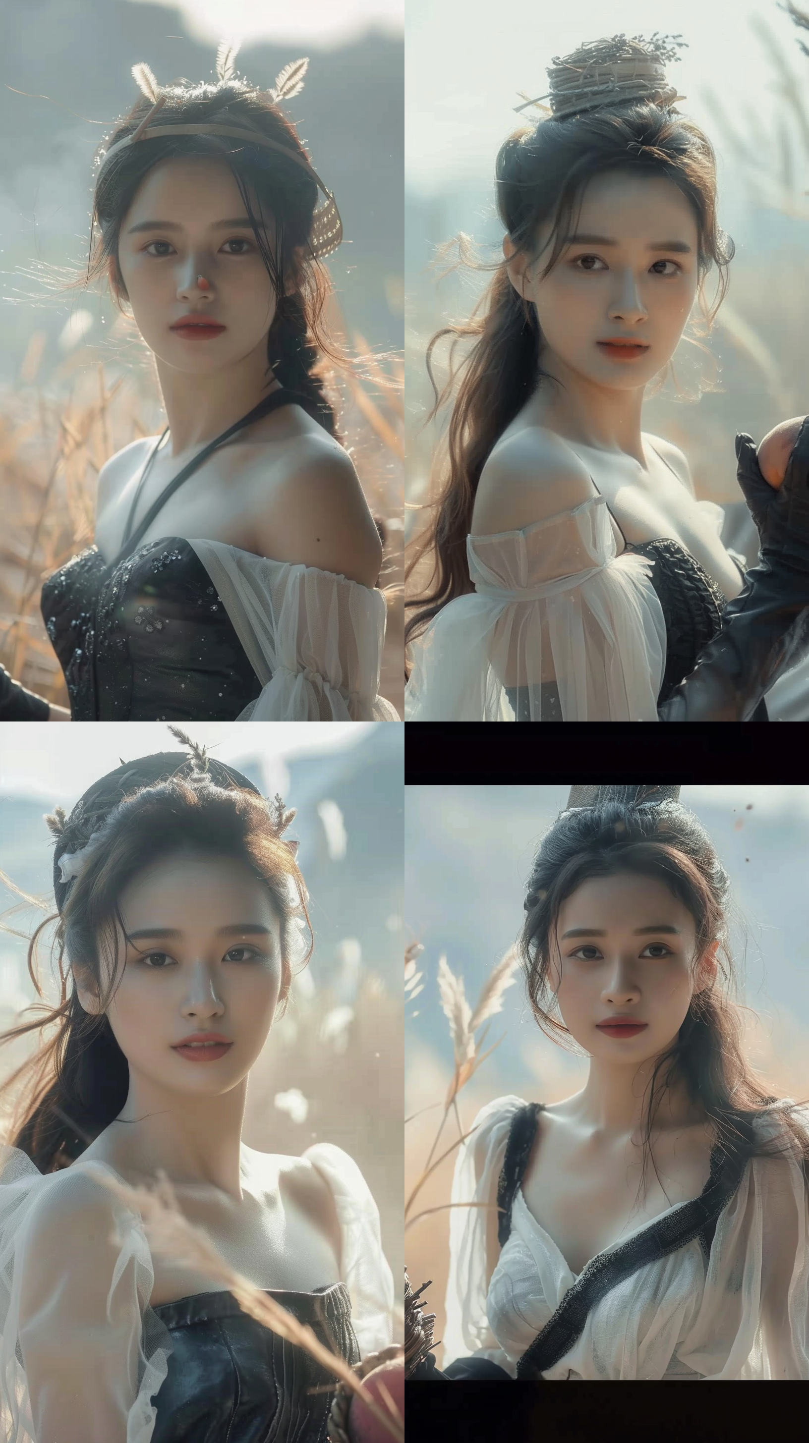 美女在大草原，穿着白色纱裙，戴着花篮帽，自然光线，柔和色调，环境肖像，中景构图，微笑，自然动作，风吹动长发，温暖情感。手里拿着一颗红色的大水蜜桃，水蜜桃红润水灵灵。 草原风光，肖像摄影，自然光，柔焦，中景，微笑，自然动作，长发飘逸，水蜜桃色调，温暖情感。红唇。阳光明媚。皮肤细腻，皮肤光洁白净红润。暖色色调。