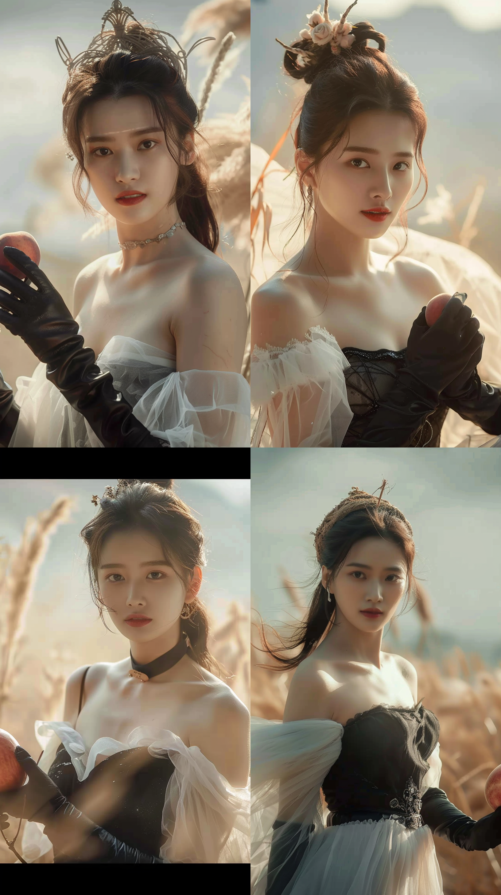 美女在大草原，穿着白色纱裙，戴着花篮帽，自然光线，柔和色调，环境肖像，中景构图，微笑，自然动作，风吹动长发，温暖情感。手里拿着一颗红色的大水蜜桃，水蜜桃红润水灵灵。 草原风光，肖像摄影，自然光，柔焦，中景，微笑，自然动作，长发飘逸，水蜜桃色调，温暖情感。红唇。阳光明媚。皮肤细腻，皮肤光洁白净红润。暖色色调。