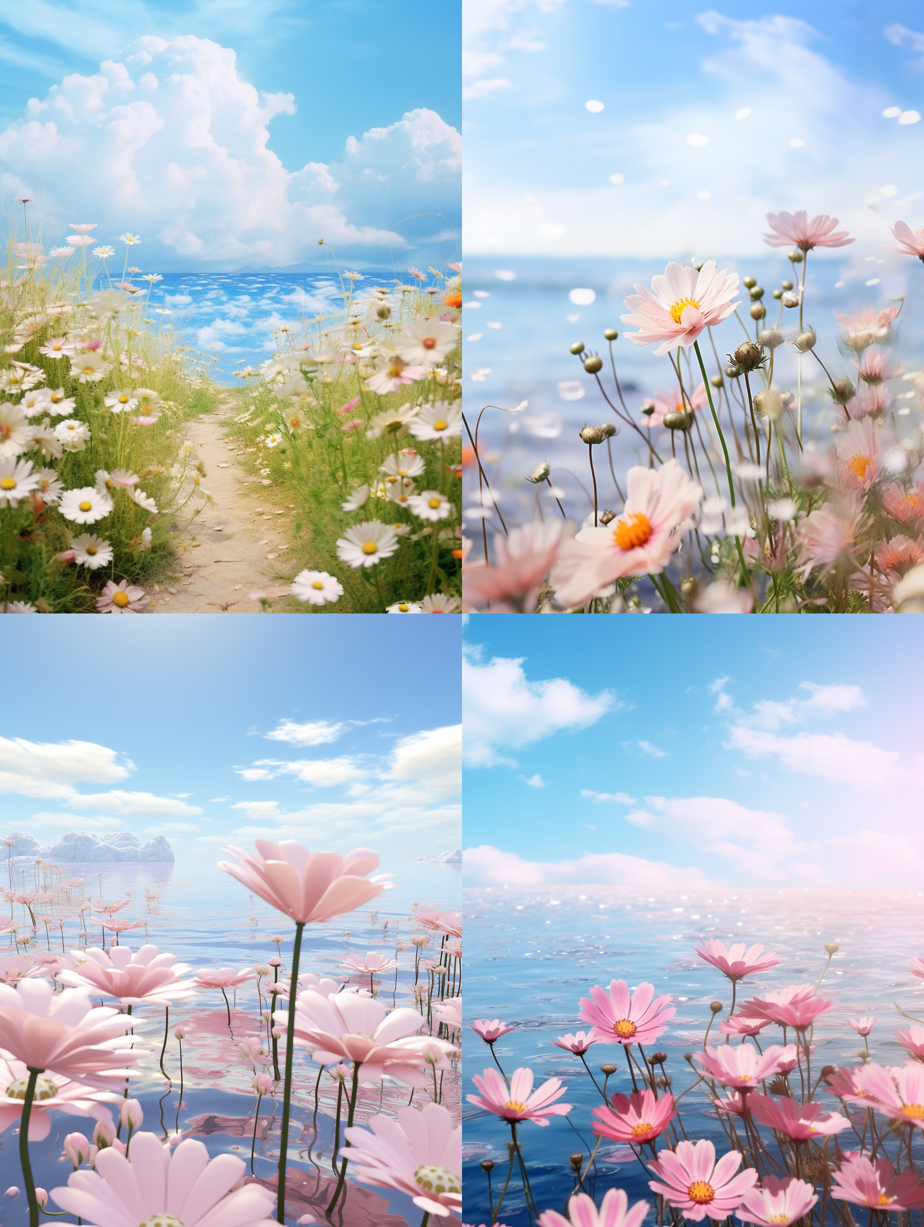 花海背景，微笑着向前走，自然光线，柔和过渡，静态。