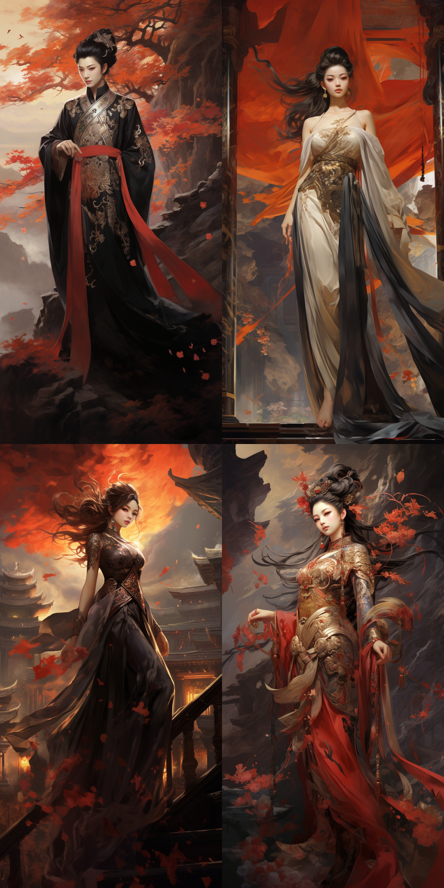 玄武巍然屹立，中国传统风格，庄严神秘，古建筑背景，细节丰富，华丽色彩，端庄表情，虚实结合，神话氛围，中国画风格，暗调光影。