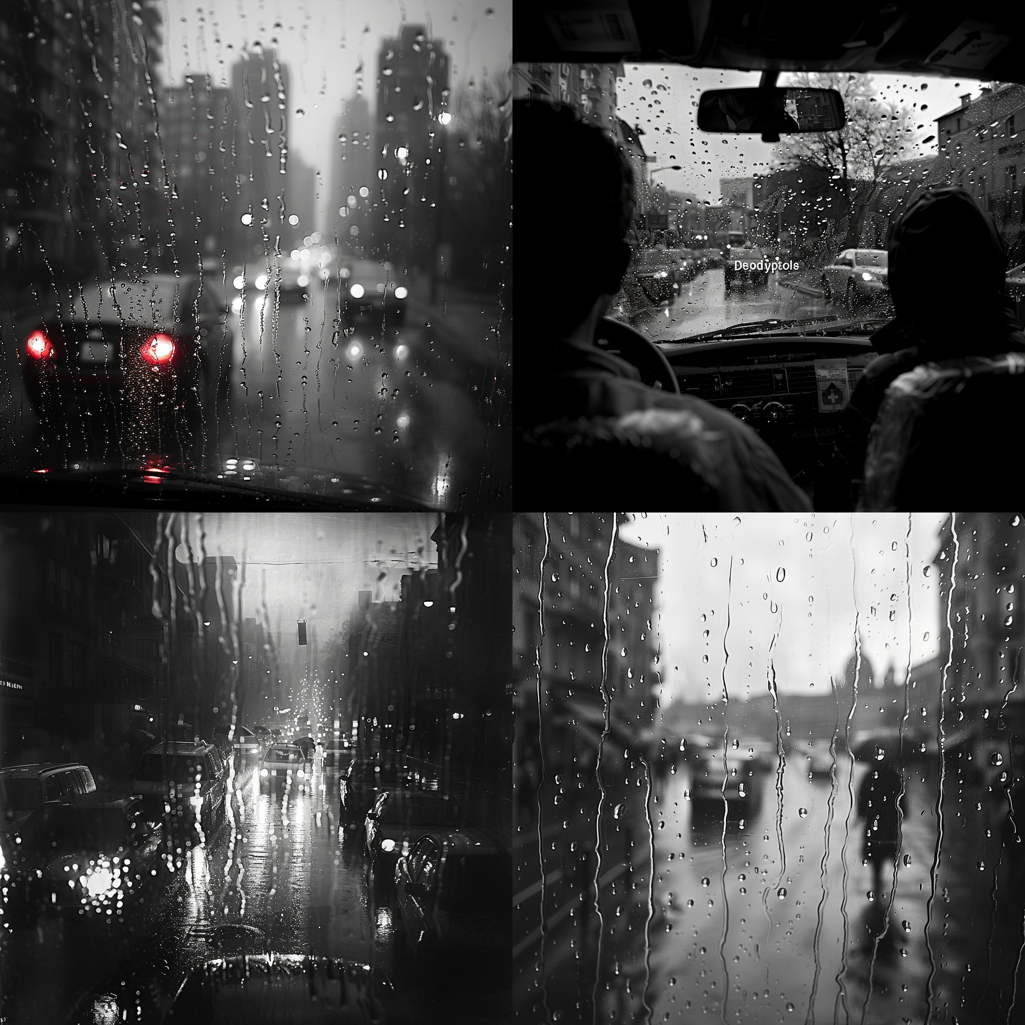 雨天车里，玻璃，城市街道，雨滴，黑白, 车内景观，抽象，水滴形状，模糊前景，反光，窗户，细节，情绪，哀伤。