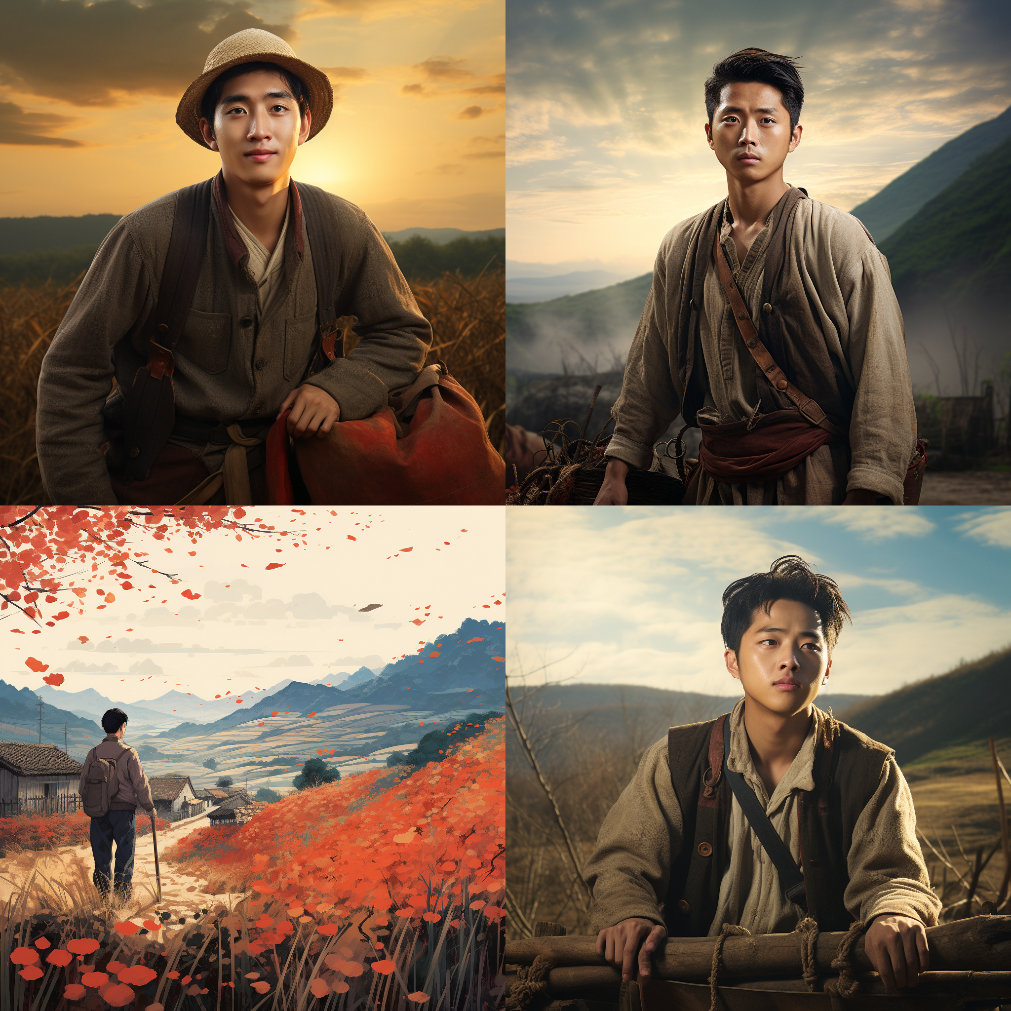 "祥林嫂"主题海报，采用暖色调，背景是农村的田野风光，展示祥林嫂悲伤却坚强的面容特征。主标题为《祝福》——鲁迅笔下的祥林嫂，副标题为"在逆境中保持坚韧，即便世界再不宽容"，传达祥林嫂的故事和主题。使用柔和的线条和色彩，突出祥林嫂的形象。