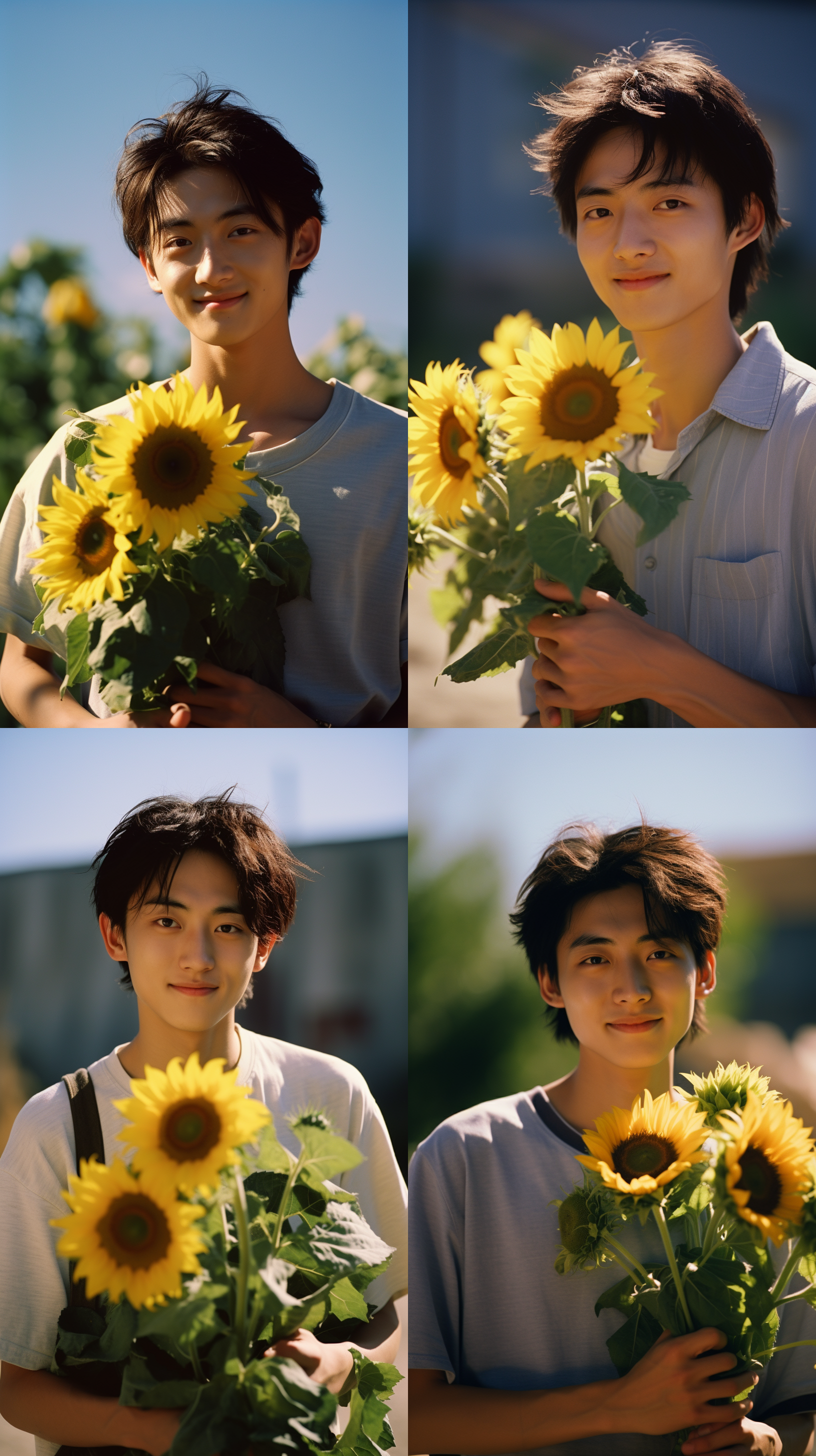 18岁中国少年手拿向日葵，身后一片向日葵，微风吹动头发，温暖色调，柔和光线，阳光倾泻，微笑，清晰，温柔男孩，白色短袖，35mm焦距，哈苏，高清，简约风格，青春。