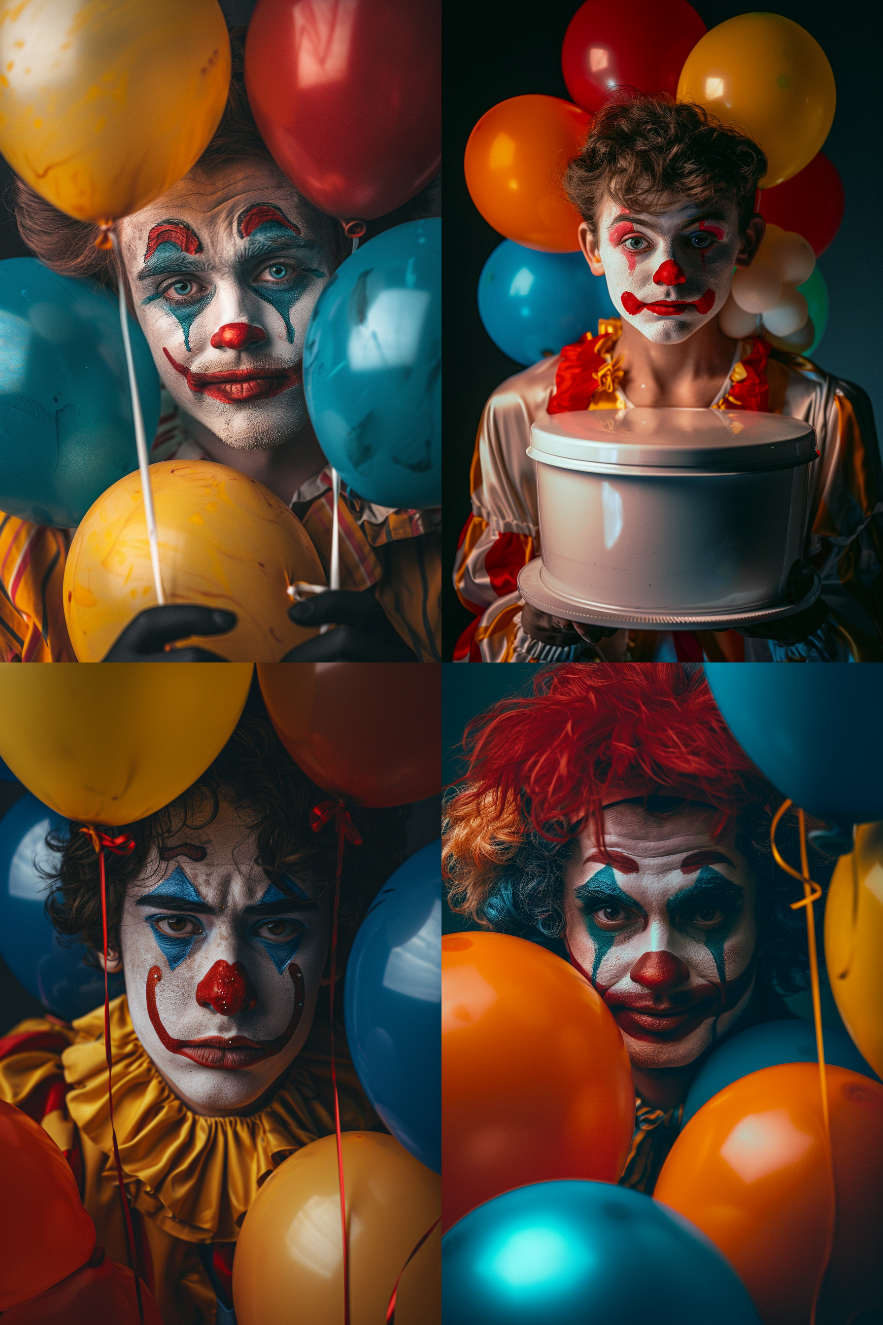 一个帅气的年轻演员小丑，抱着一个智能马桶，周围有几个五颜六色的气球装饰，纯黑背景，柔和像素，8k超清 极简主义 摄影纪实 oc渲染器 未来主义 干净背景 卧室 极限特写 虚化 超广角 金属漆 氛围感照明 电影灯光 镜头光晕 斑驳光线 丁达尔效应 暖光 蒂默曼斯 北欧室内 华丽室内 平面摄影 约翰逊