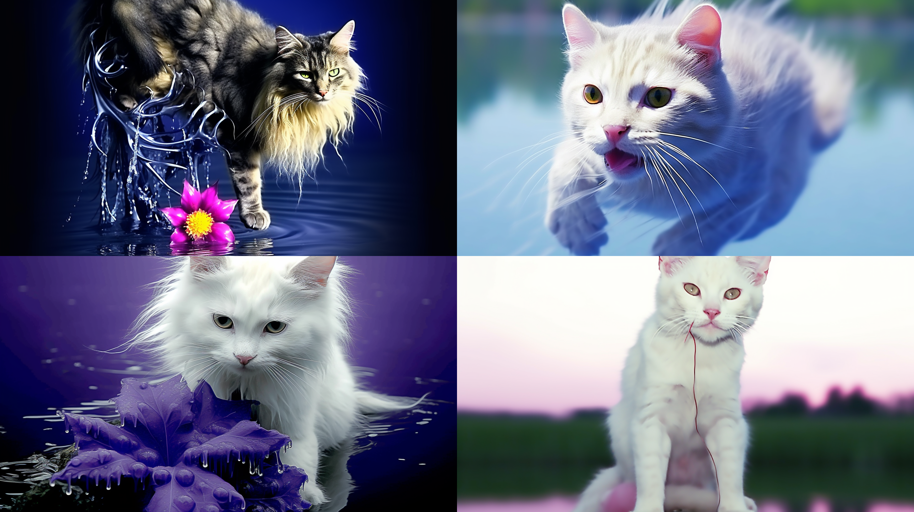 猫飞天上，中心构图，幻想风格，天空背景，蓝色调，长焦镜头，柔和侧光，飘动，梦幻。