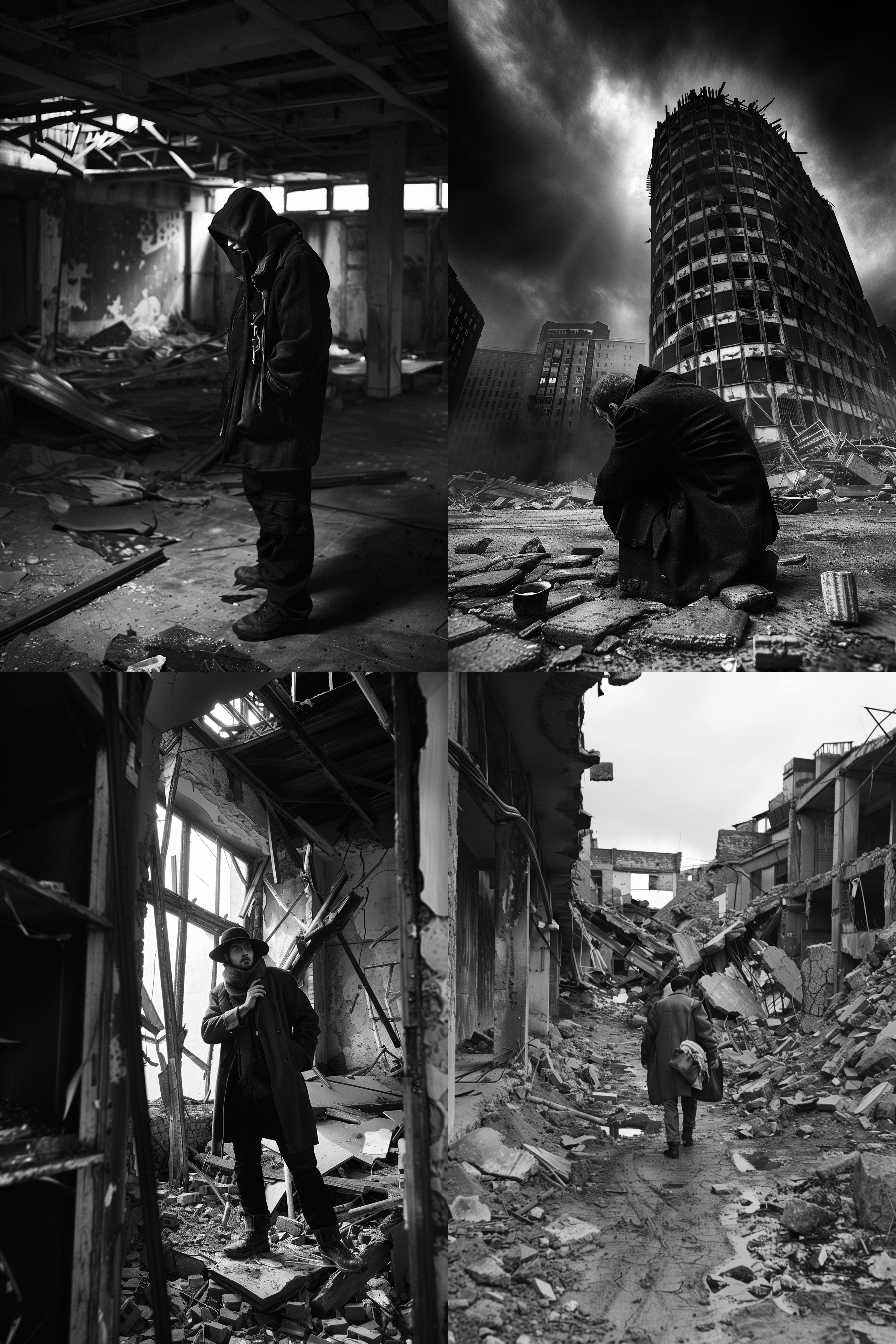 孤独旅行者，破碎世界中央，倒塌建筑，陈旧大衣，沧桑表情，黑白摄影，广角镜头，昏暗光线，荒凉绝望，沉重氛围。