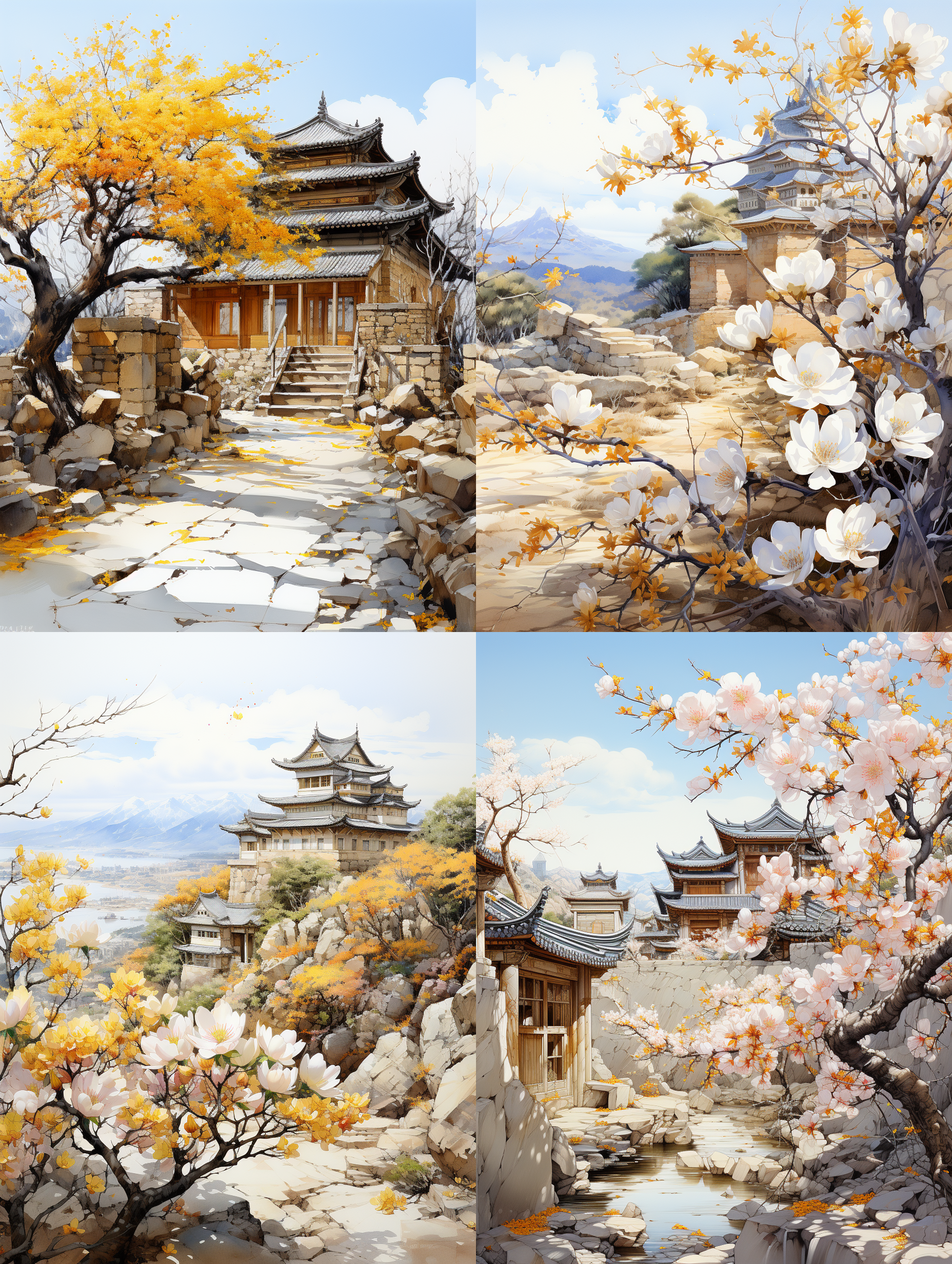 中国山水画，春天来临，一座千年古刹，黄色的墙，黑色的房顶，到处是白色的玉兰花开，a tiny beauty ，macro shot, pure white background, ink artistic conception,