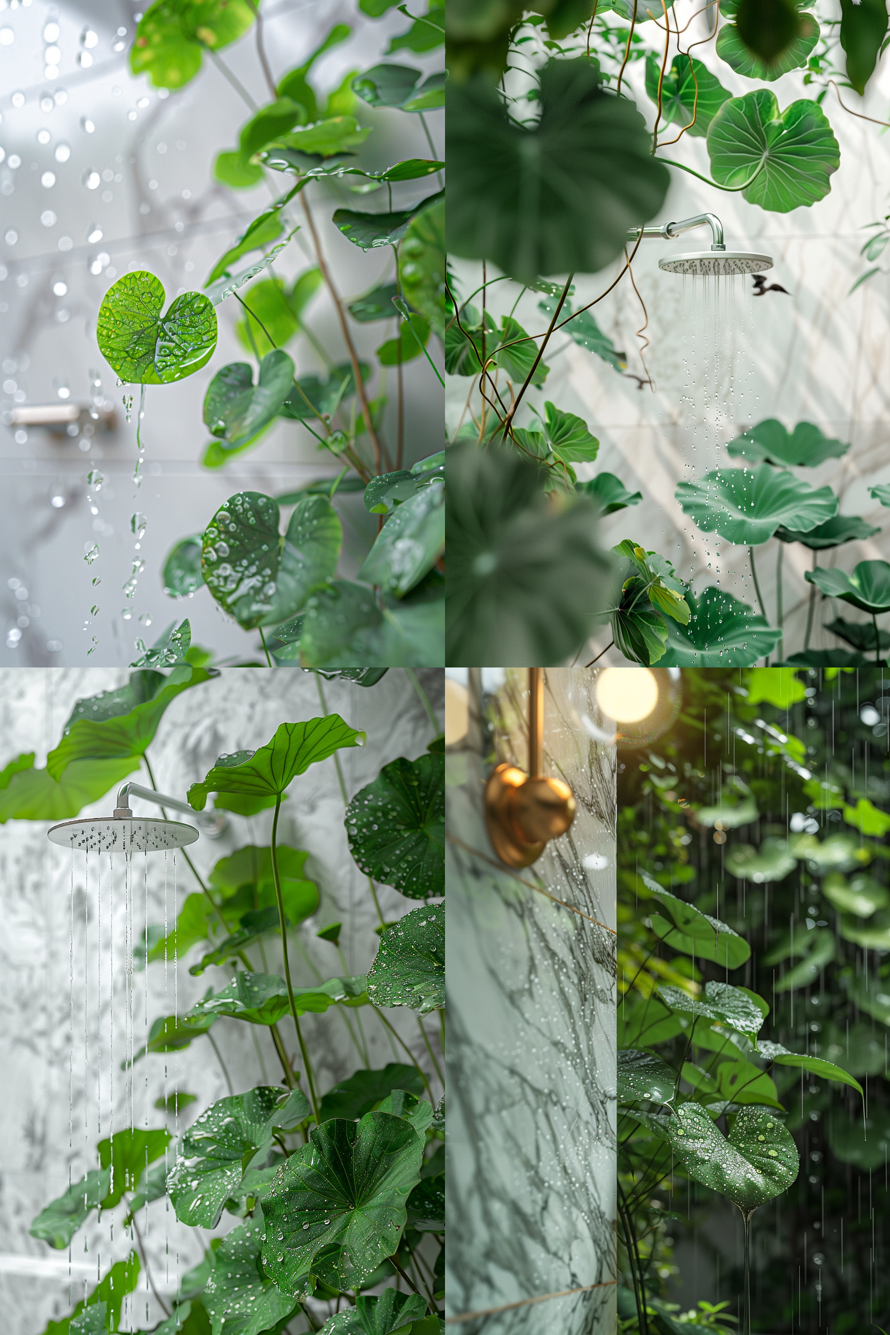 一张中国二十四节气，谷雨，整体与谷雨氛围贴合，展现一个大理石墙壁挂着花洒特写，整体显得空旷神怡然，，旁边有几片很大绿叶，打满水珠，天空中一两只燕子翱翔，下着小雨，绿色田园风格，极致简约，广角镜头，空旷感，色彩鲜明的元素与自然景观相得益彰，营造出宁静和平静的氛围， 电影灯光,8k,超清 oc渲染器 热带雨林 杂草丛生 虚化 超广角 丁达尔效应 斑驳光线 日式园林 园林 荷花 世外桃源