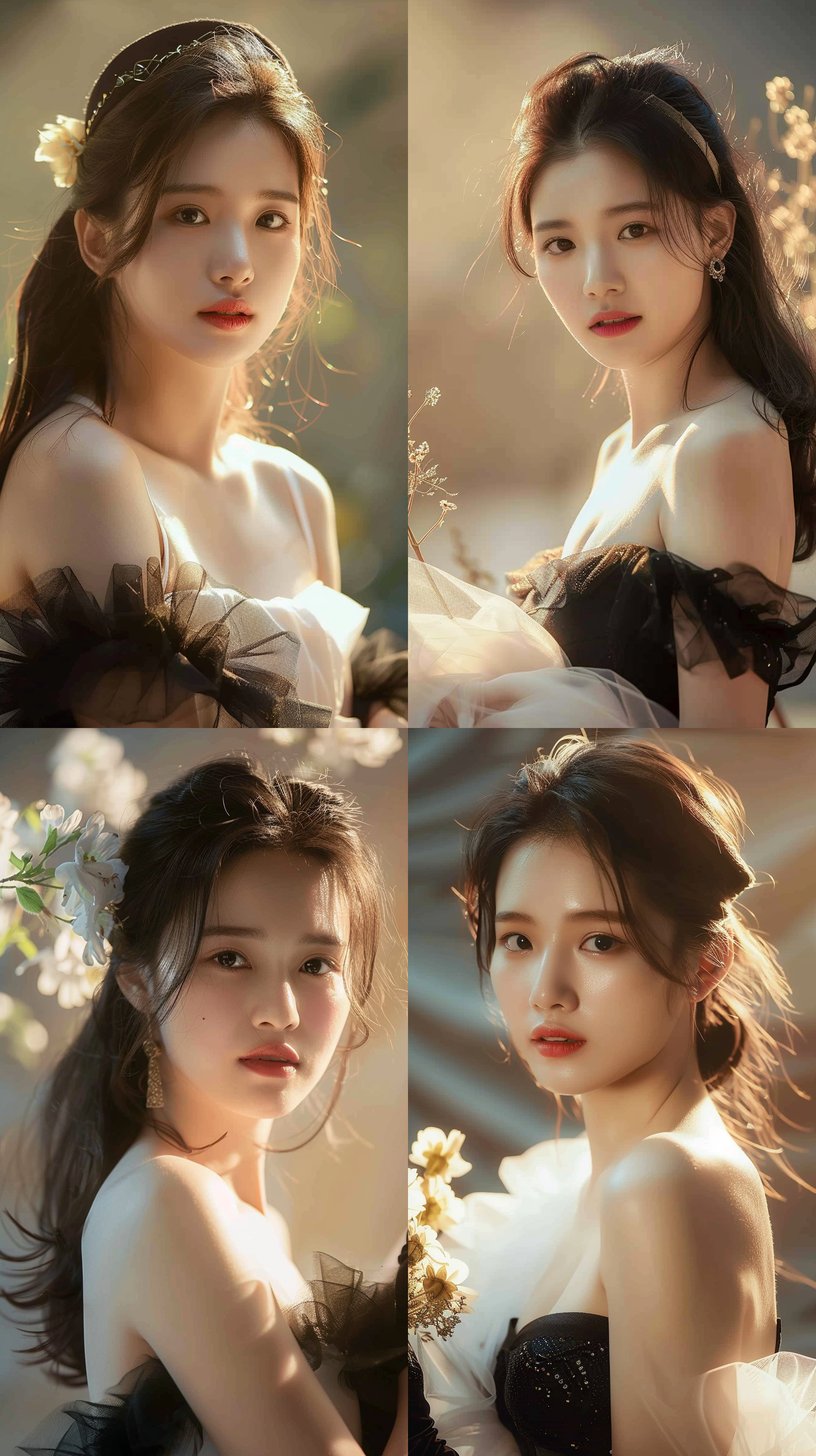 美女如花，嘴唇红润，皮肤细腻白净，阳光灿烂，微笑，活泼。光线柔和明亮。户外最美风景处拍摄肖像,肖像,户外风景,柔和光线,微笑,活泼,肤色自然,大光圈,自然色彩,清晰焦距,自然风光,温暖氛围。