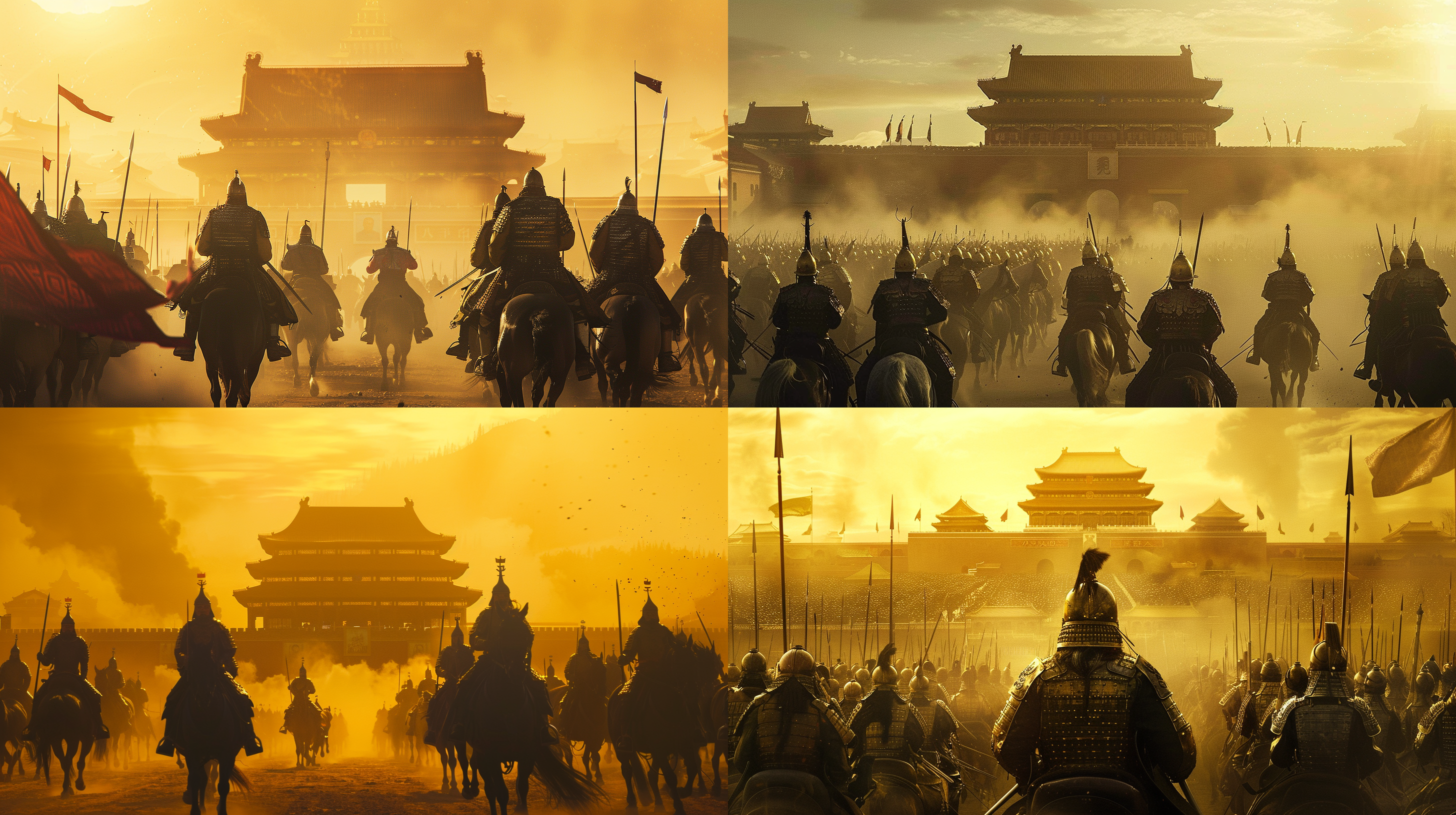 蒙古骑兵身穿铠甲兵临紫禁城，昏黄画面，广角，壮观的场景，威武的形象，激烈的动作，金属质感，古老的建筑，冷色调，震撼人心