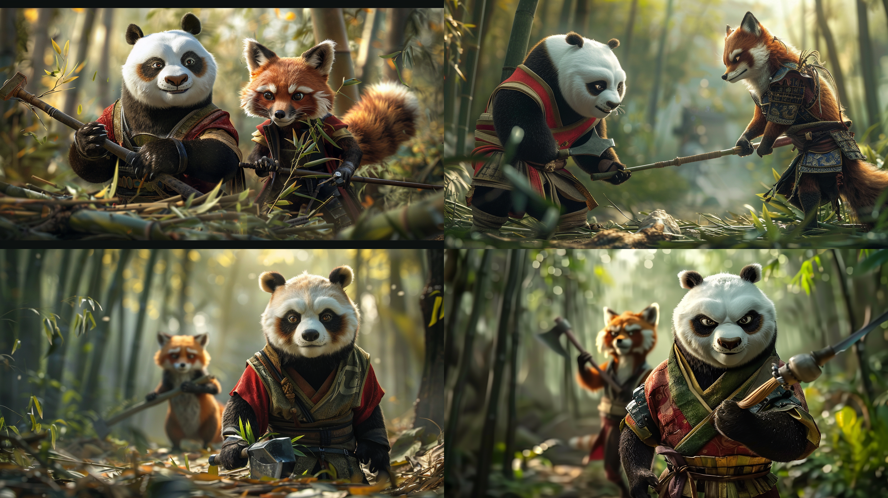 竹林中，熊猫，穿着侠客服，拿着宝剑，站在狐狸身后，狐狸拿着斧头，正在砍竹子，远景全身，3d。
