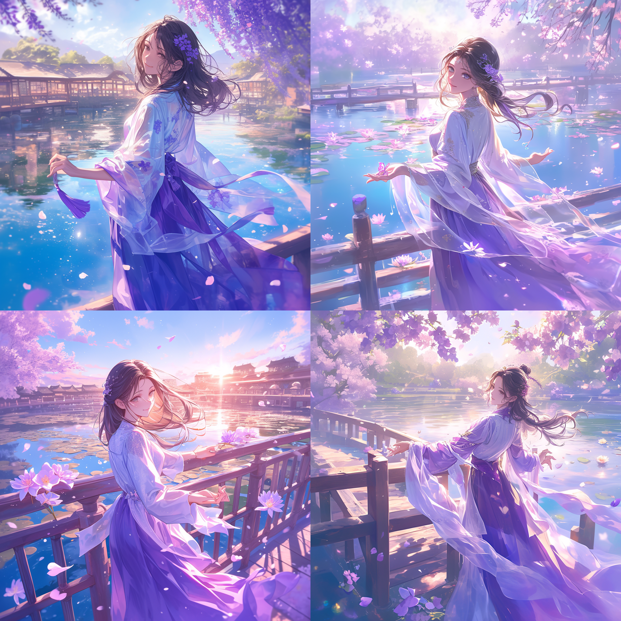 侠女穿紫白混衣服，彼岸花河边，清澈水面倒影，柔和光线，静态构图，舒缓色调，长焦镜头，微笑面容，优雅姿态，优美风景。