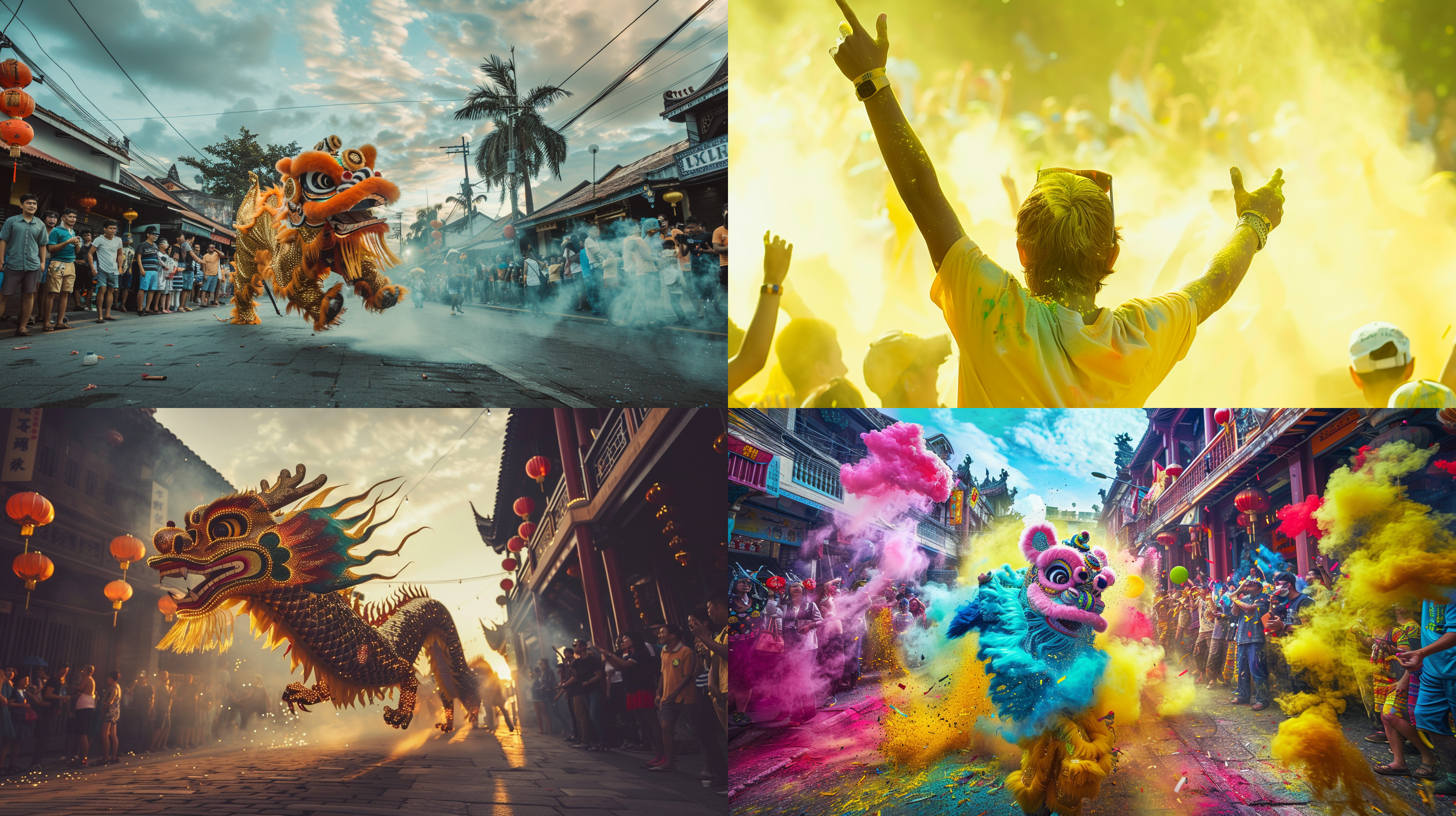 yellow dragon head festival, award - winning 4 k photography, shot on sony a 7 iii, by martin desjardins, magical sparkling colored dust, revellers, trending on art-sation, congas, shot on iphone 1 3 pro, bao pnan, featured in artistation, the most epic, quy ho, edm
