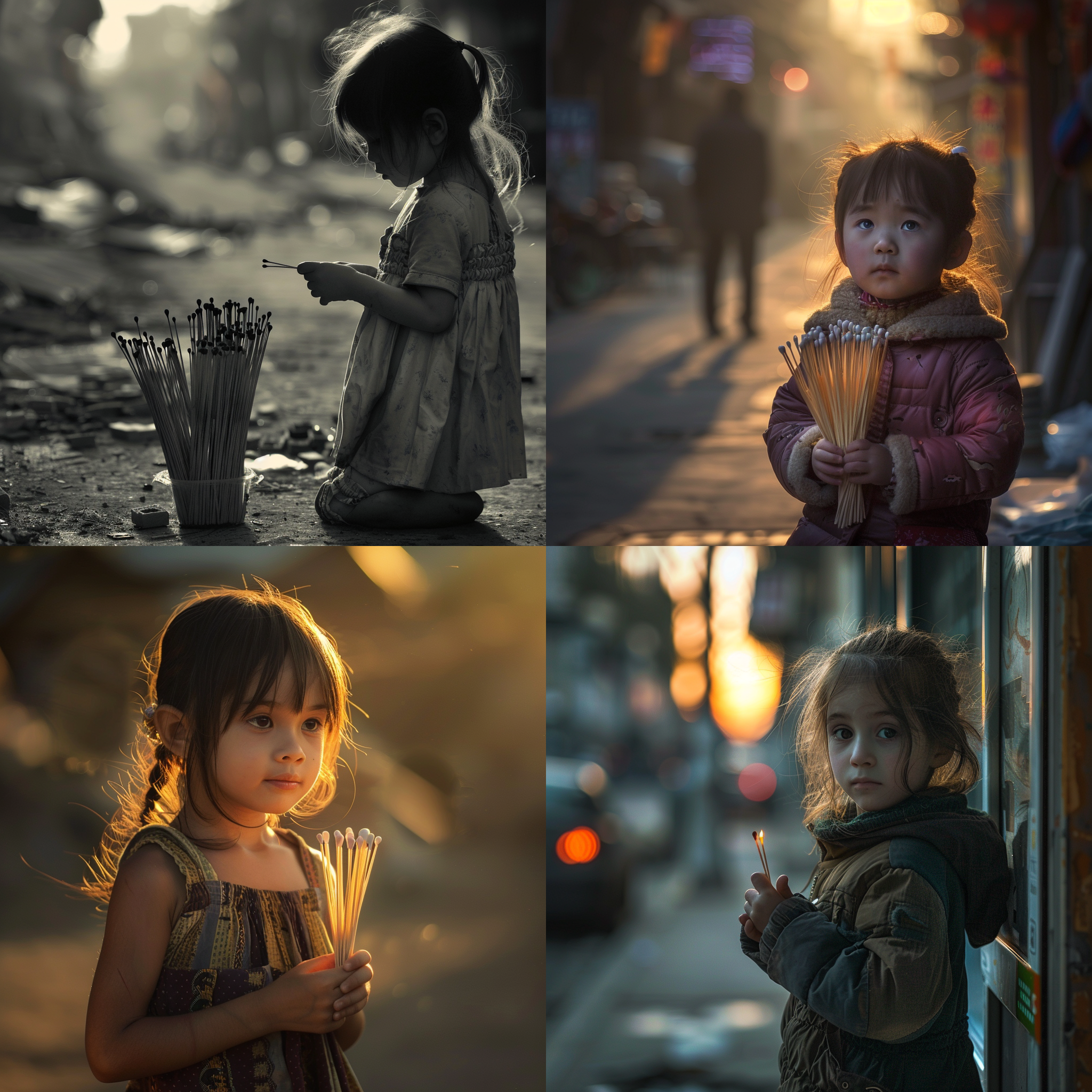 卖火柴的小女孩，逆光，窄景角，对焦模糊，垂直构图，冷色调，孤独，无助，悲伤。