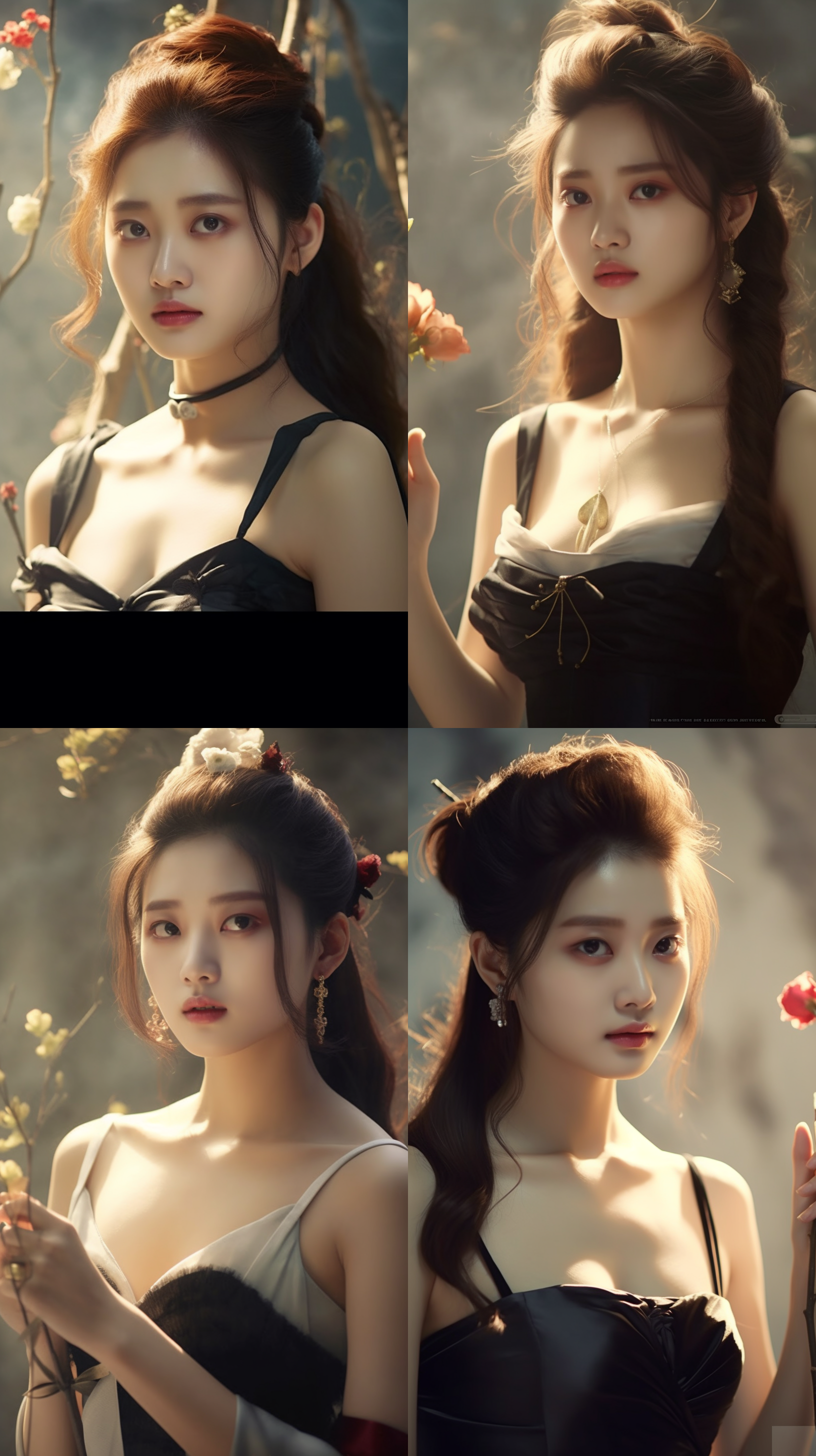 美女如花，嘴唇红润，皮肤细腻白净，阳光灿烂，微笑，活泼。光线柔和明亮。户外最美风景处拍摄肖像，光滑的肩膀，锁骨明显。丰满的身材，芊芊细腰。柳叶眉，唇形好看。鹅蛋脸，丹凤眼，悬胆鼻。自然光，高清晰度，大光圈，远景景深，自然色彩，自然风格。