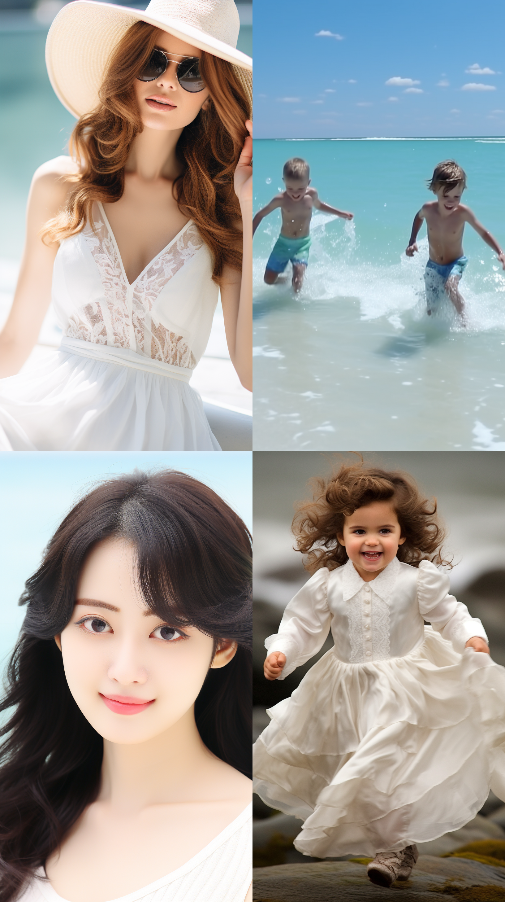 中国媒体，夏日海滩摄影，沙滩上，活泼笑容，清晰明亮，户外环境