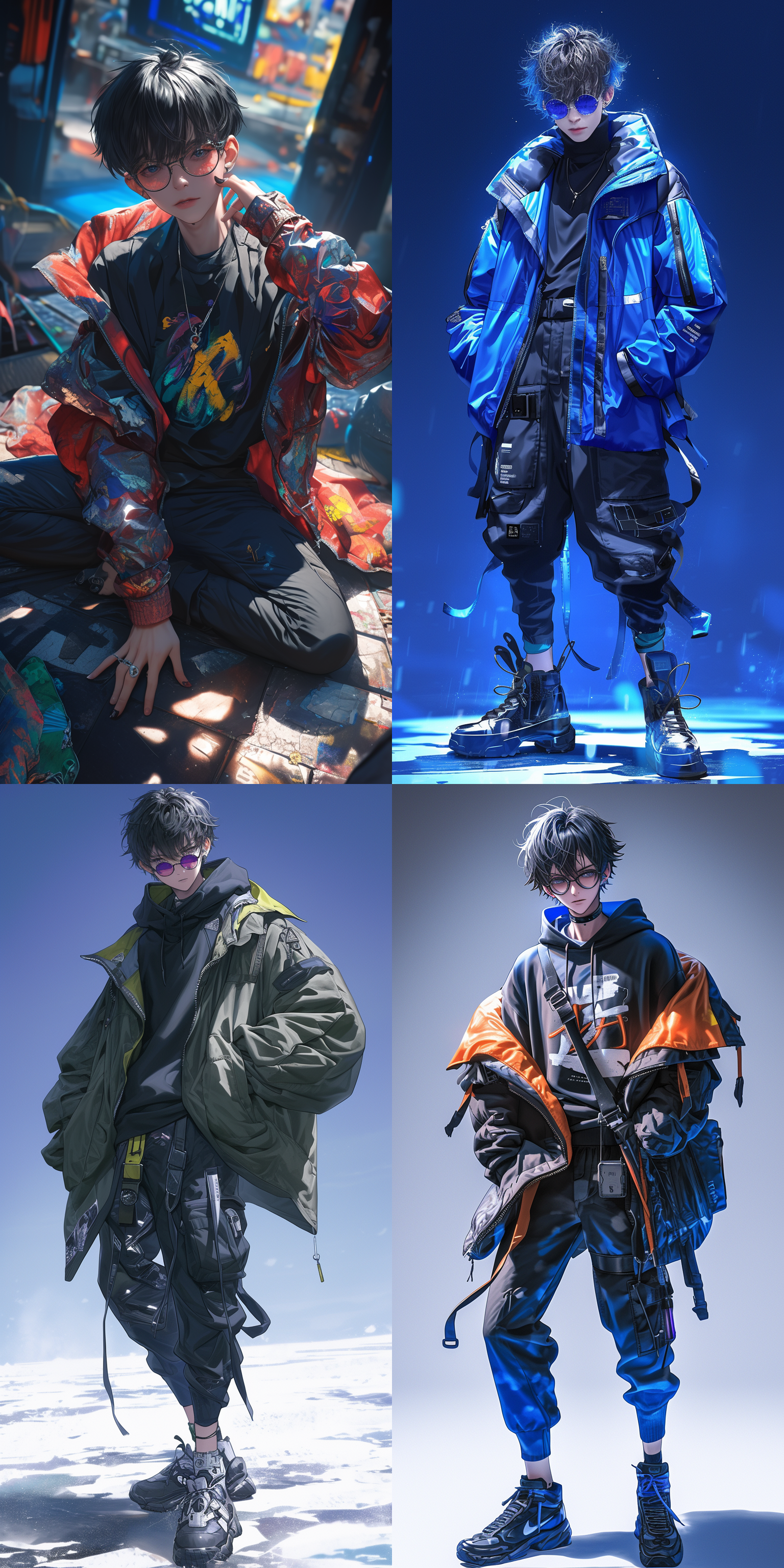 废土风格，摄影大赛，亚洲超帅男生(高级精致的面容 id)，短发，空气刘海发型，炫酷眼镜，废土穿搭，色彩鲜艳，明亮的光线，正面视角，全身镜头，超精细，超清晰度，超高分辨率，超高品质，超高质量，超高清，32k