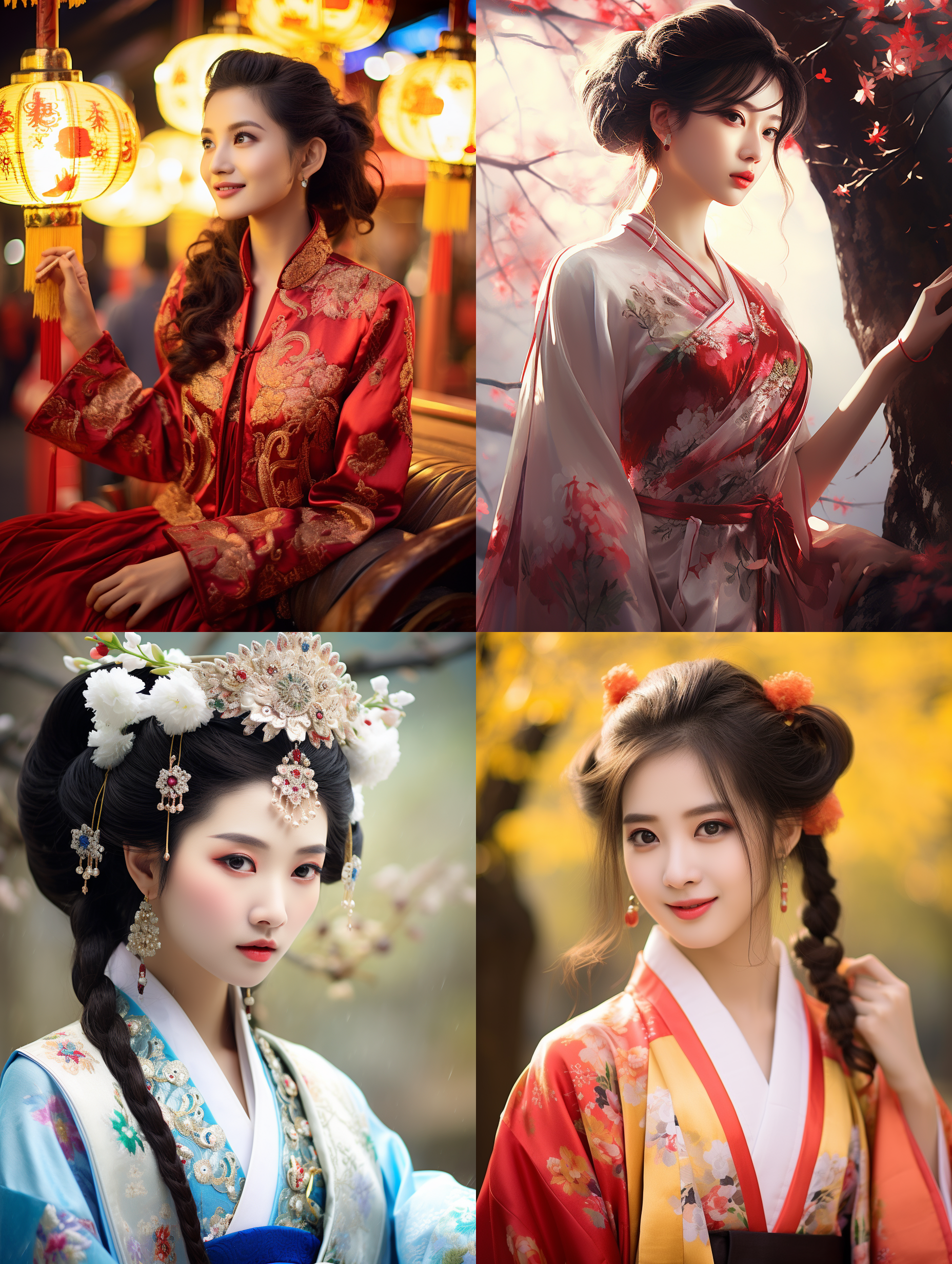室外拍摄，明亮色调，中国模特穿着古典服装，侧面肖像，柔和光线，中焦镜头，端庄表情，优雅动作，传统元素，油画效果，温暖情感