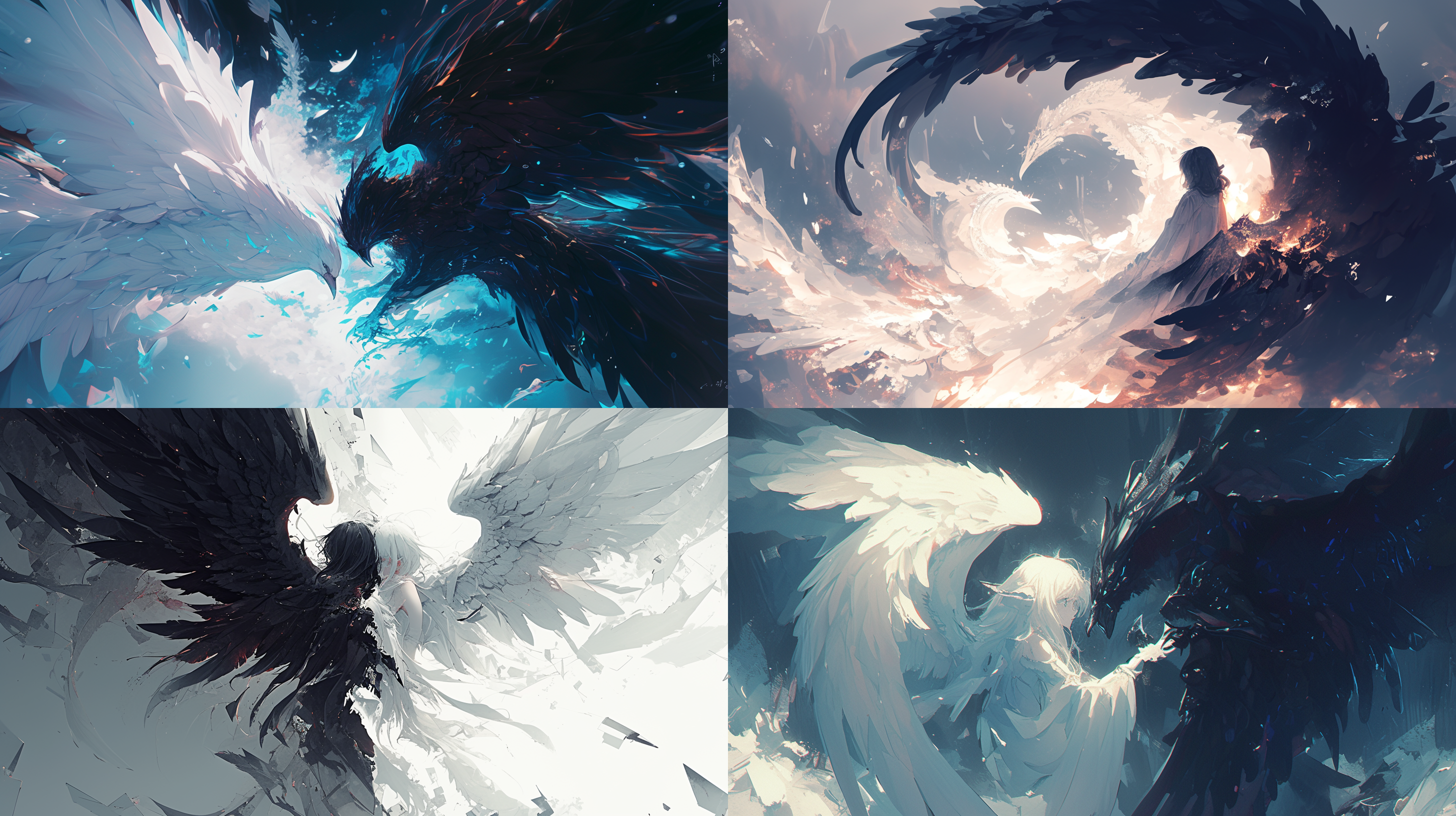 a pair of wings from a mythical creature, one wing in a soft white hue that embodies the purity of a dove, the other in a mysterious black that echoes the darkness of the cosmos, each feather artfully detailed with a blend of anime and fantasy elements, creating a captivating visual narrative