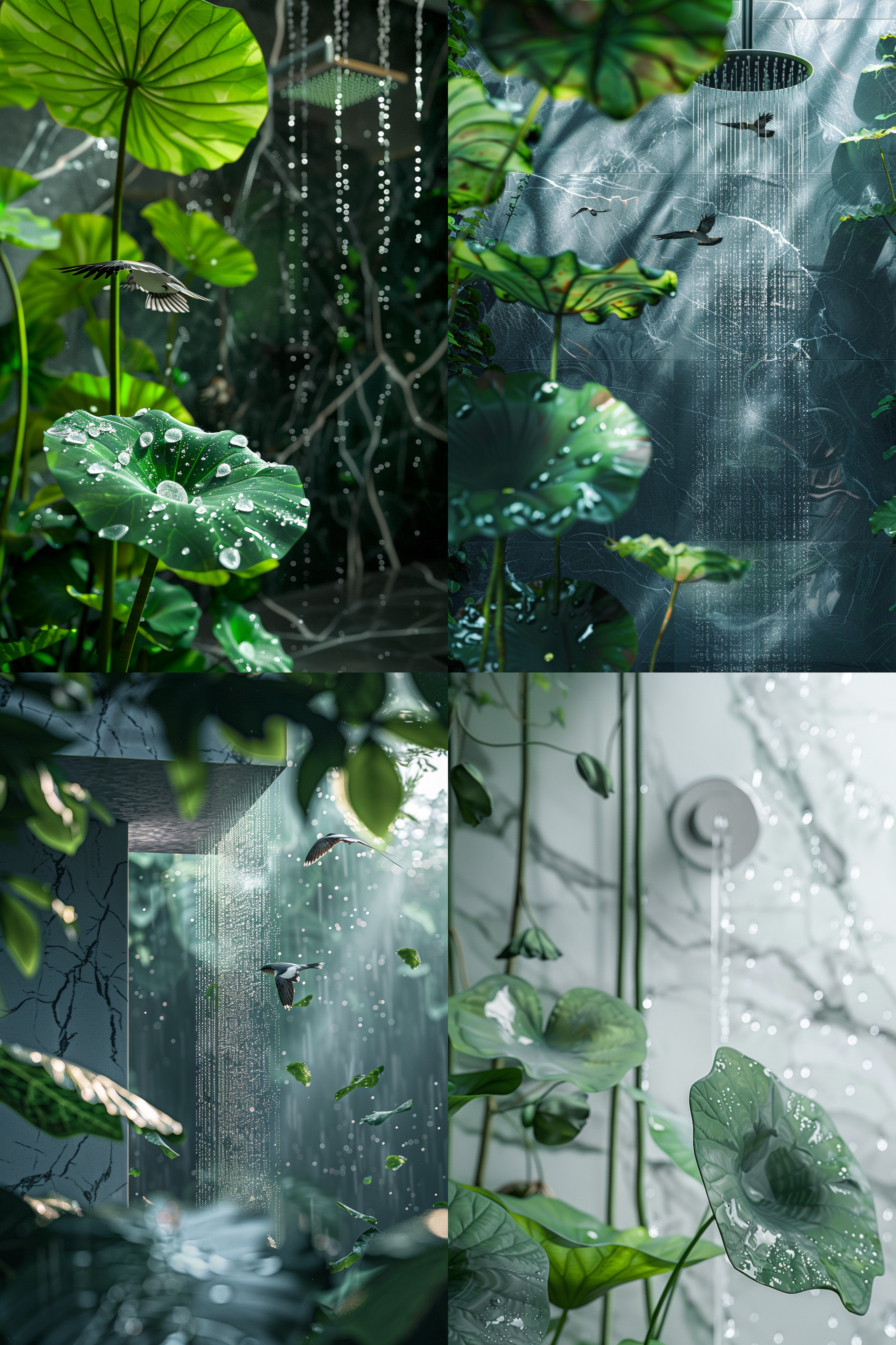 一张中国二十四节气，谷雨，整体与谷雨氛围贴合，展现一个大理石墙壁，墙壁上面有花洒套装特写，整体显得空旷神怡然，，旁边有几片很大绿叶，打满水珠，天空中一两只燕子翱翔，下着小雨，绿色田园风格，极致简约，广角镜头，空旷感，色彩鲜明的元素与自然景观相得益彰，营造出宁静和平静的氛围， 电影灯光,8k,超清 oc渲染器 热带雨林 杂草丛生 虚化 超广角 丁达尔效应 斑驳光线 日式园林 园林 荷花 世外桃源