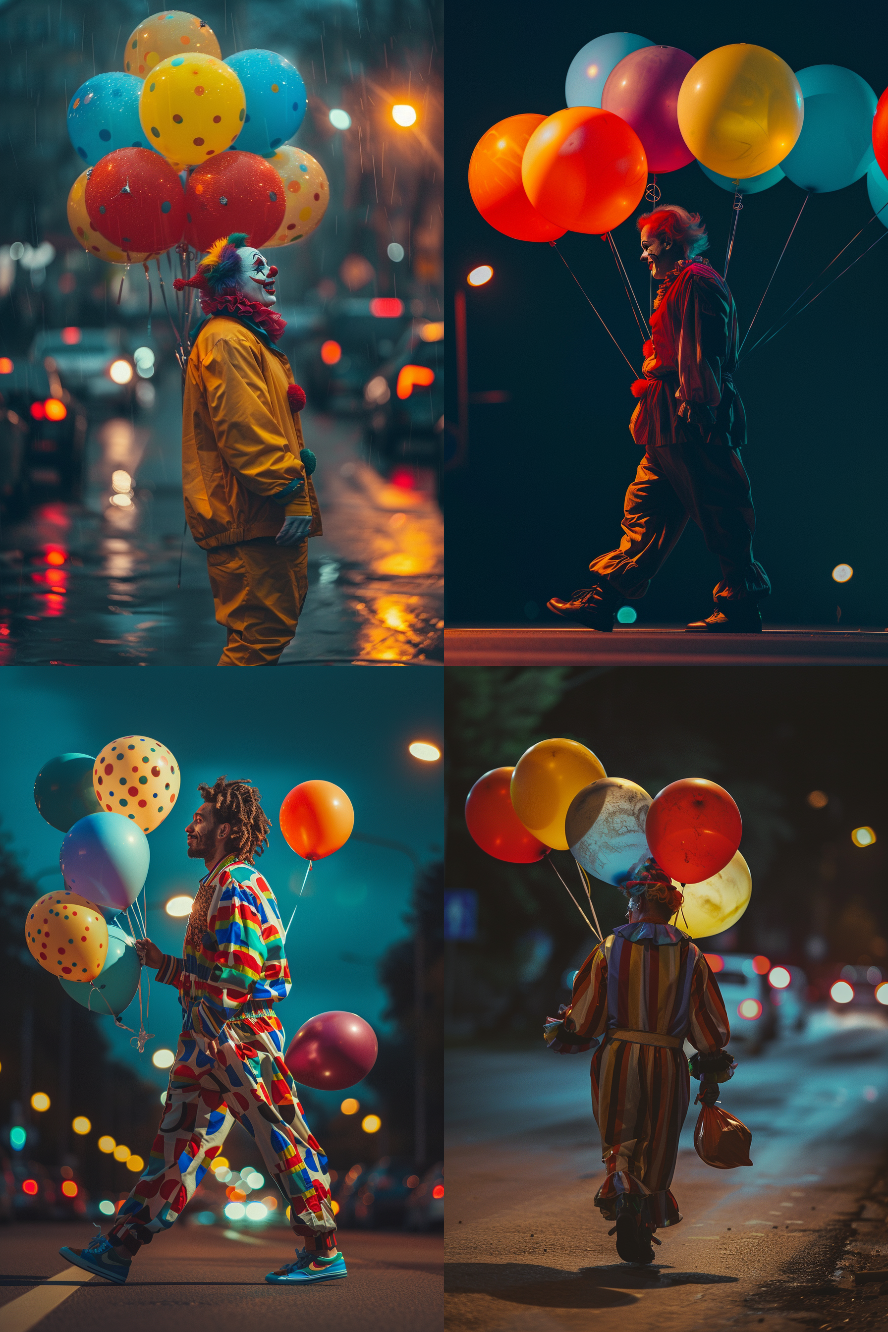 一个帅气的年轻演员小丑，在车水马龙的大马路上行走，手里拿着手持花洒套装，周围有几个五颜六色的气球装饰，整体氛围和谐温馨有情调，侧景，纯黑背景，柔和像素，8k超清 极简主义 摄影纪实 oc渲染器 未来主义 干净背景 卧室 极限特写 虚化 超广角 金属漆 氛围感照明 电影灯光 镜头光晕 斑驳光线 丁达尔效应 暖光 蒂默曼斯 北欧室内 华丽室内 平面摄影 约翰逊