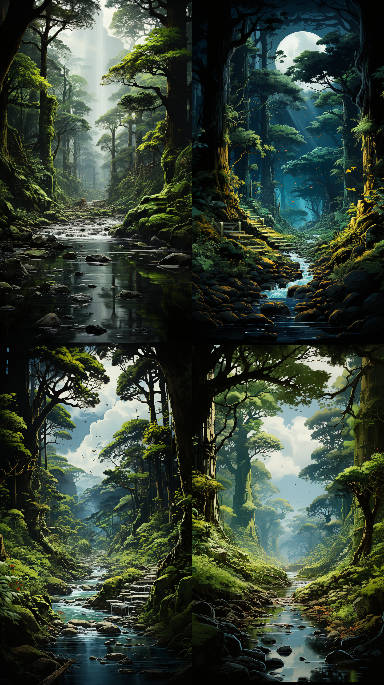 参天大树，密林深处，巨大树干，绿叶茂盛，光影斑驳，鸟儿飞过，自然风光，静谧氛围，巨型景深，自然光，树木细节，绿色调，宁静祥和。