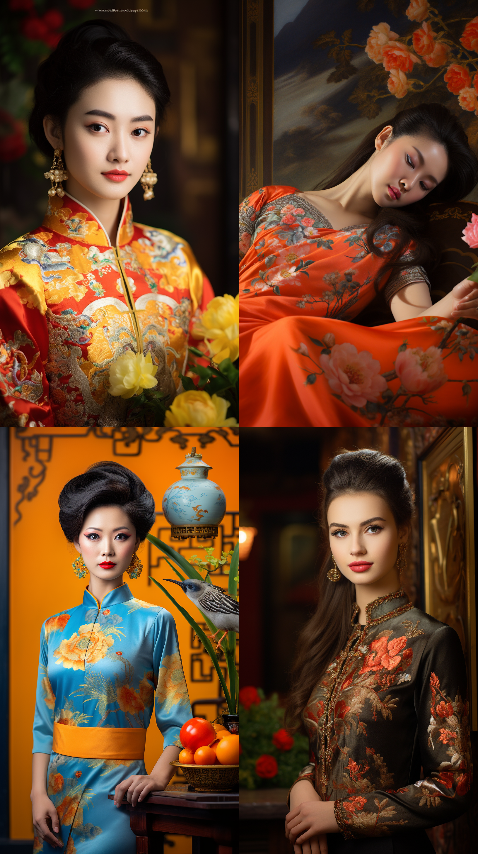 室内拍摄，明亮色调，中国模特穿着古典服装，侧面肖像，柔和光线，中焦镜头，端庄表情，优雅动作，传统元素，油画效果，温暖情感