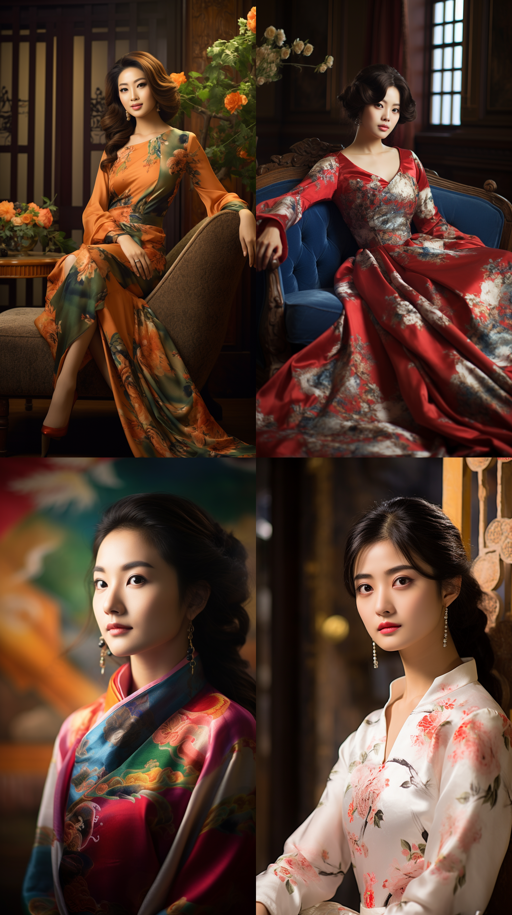 室内拍摄，明亮色调，中国模特穿着古典服装，侧面肖像，柔和光线，中焦镜头，端庄表情，优雅动作，传统元素，油画效果，温暖情感