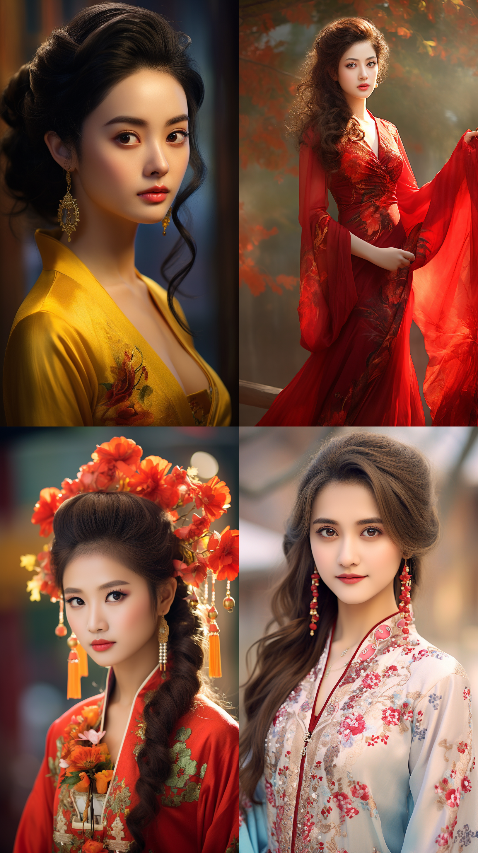 室外拍摄，明亮色调，中国模特穿着古典服装，侧面肖像，柔和光线，中焦镜头，端庄表情，优雅动作，传统元素，油画效果，温暖情感