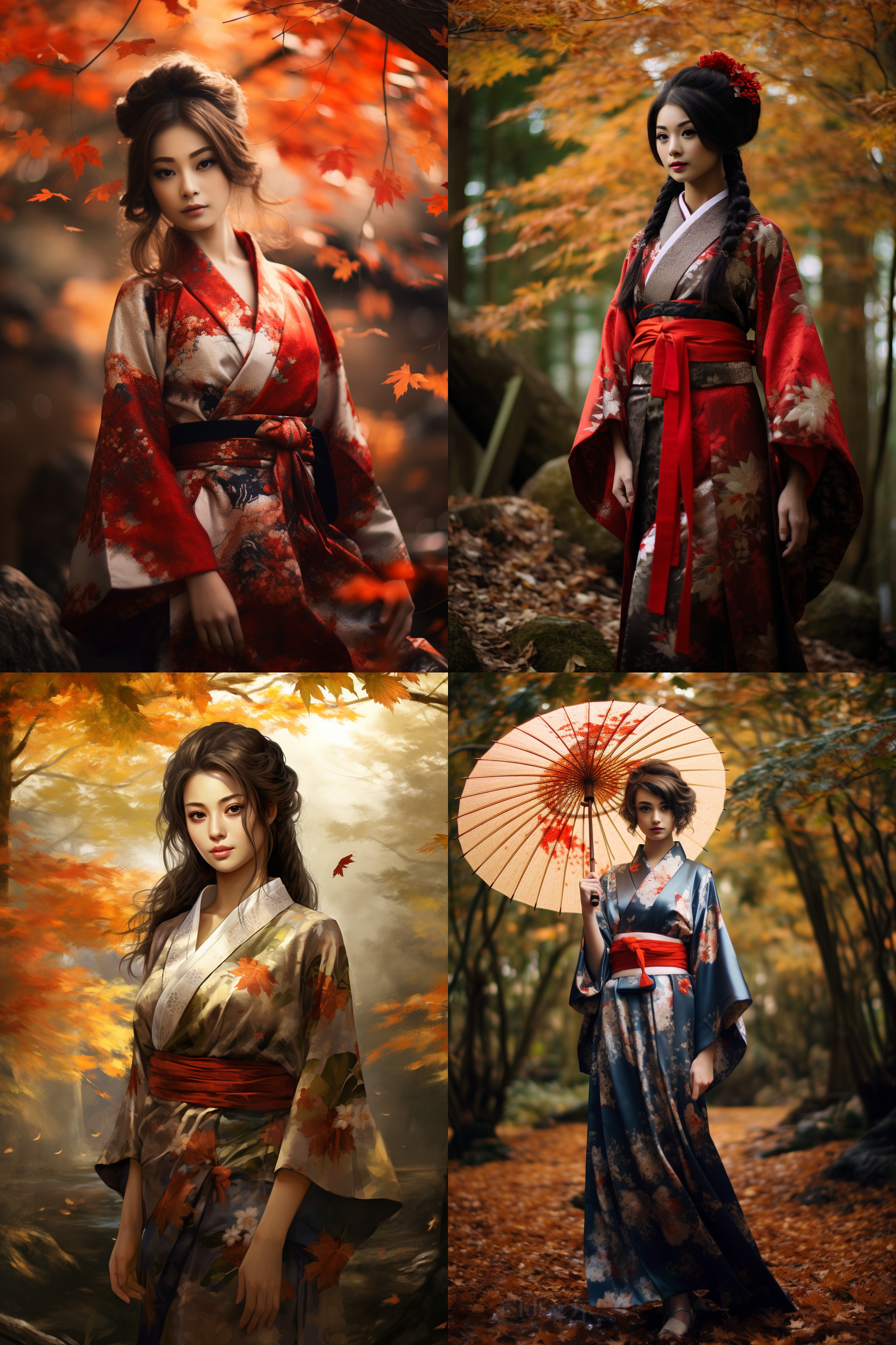 日本和服女孩，枫林背景