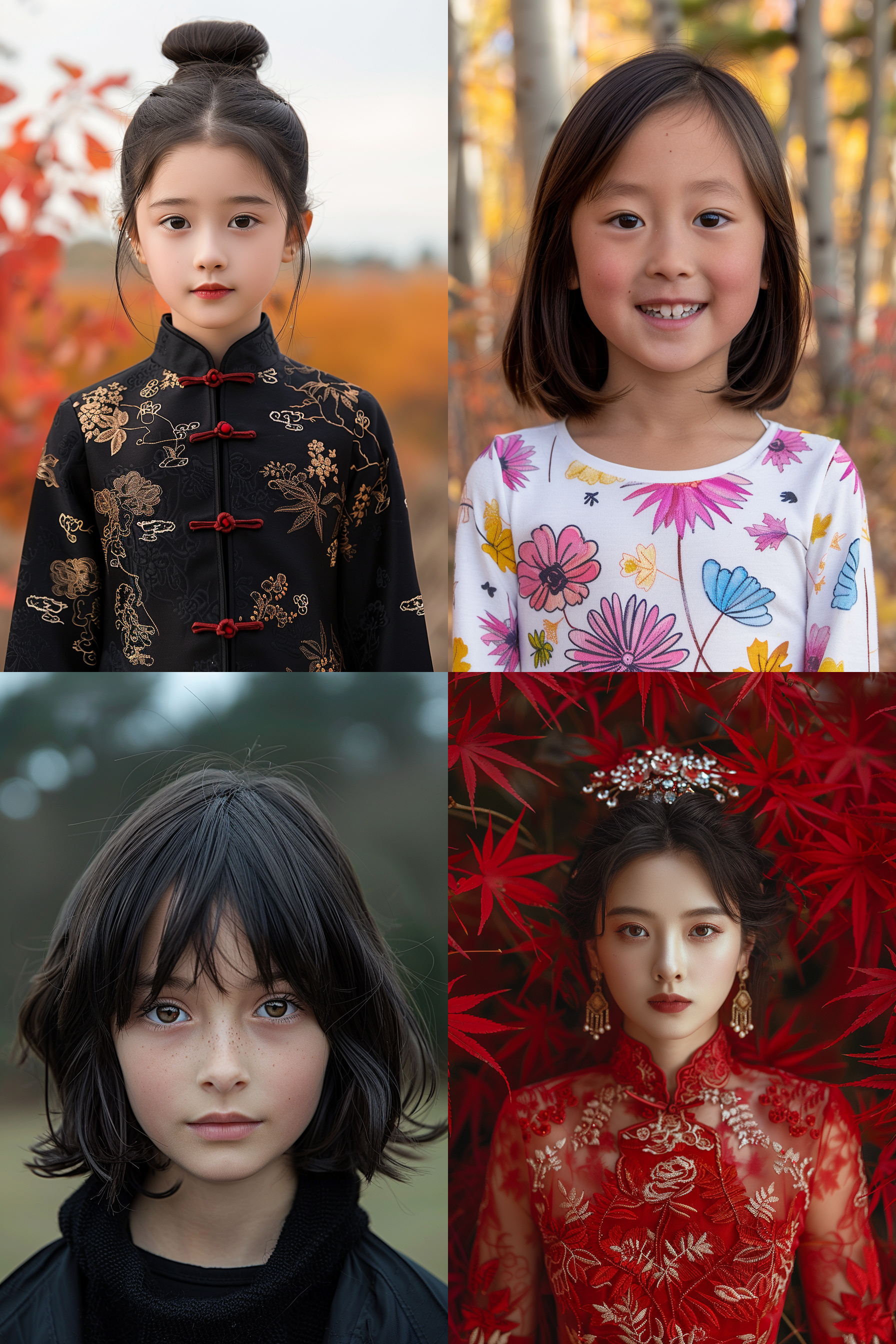 12-year-old chinese short haired girl, portrait shot, maple forest background,,in clothes,,in clothes