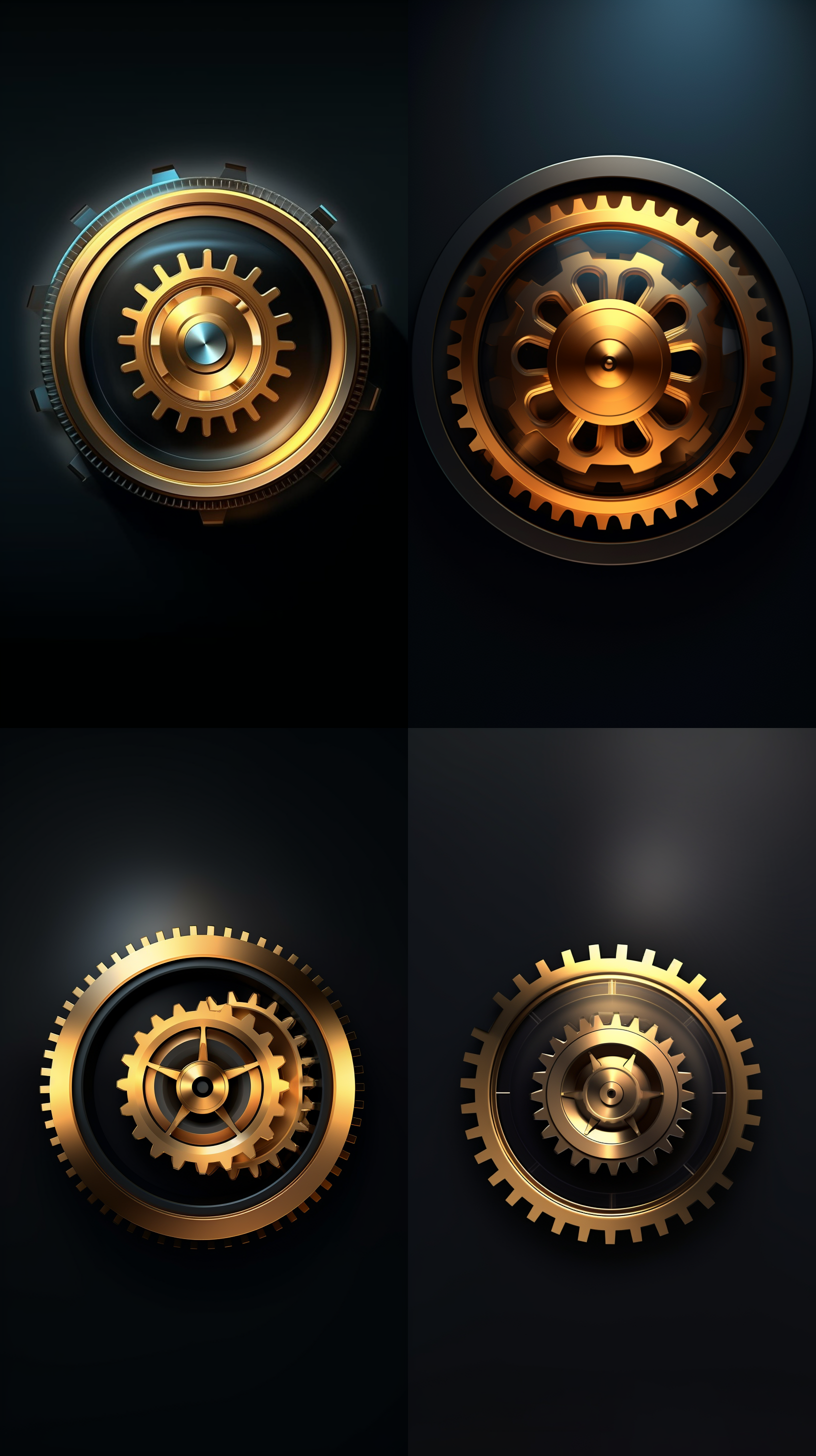 渐变的黑色和金色，明暗对比，透明的磨砂，3d图标渲染，转动的齿轮，干净背景，3d等距，砂玻璃，机械风格，极简主义