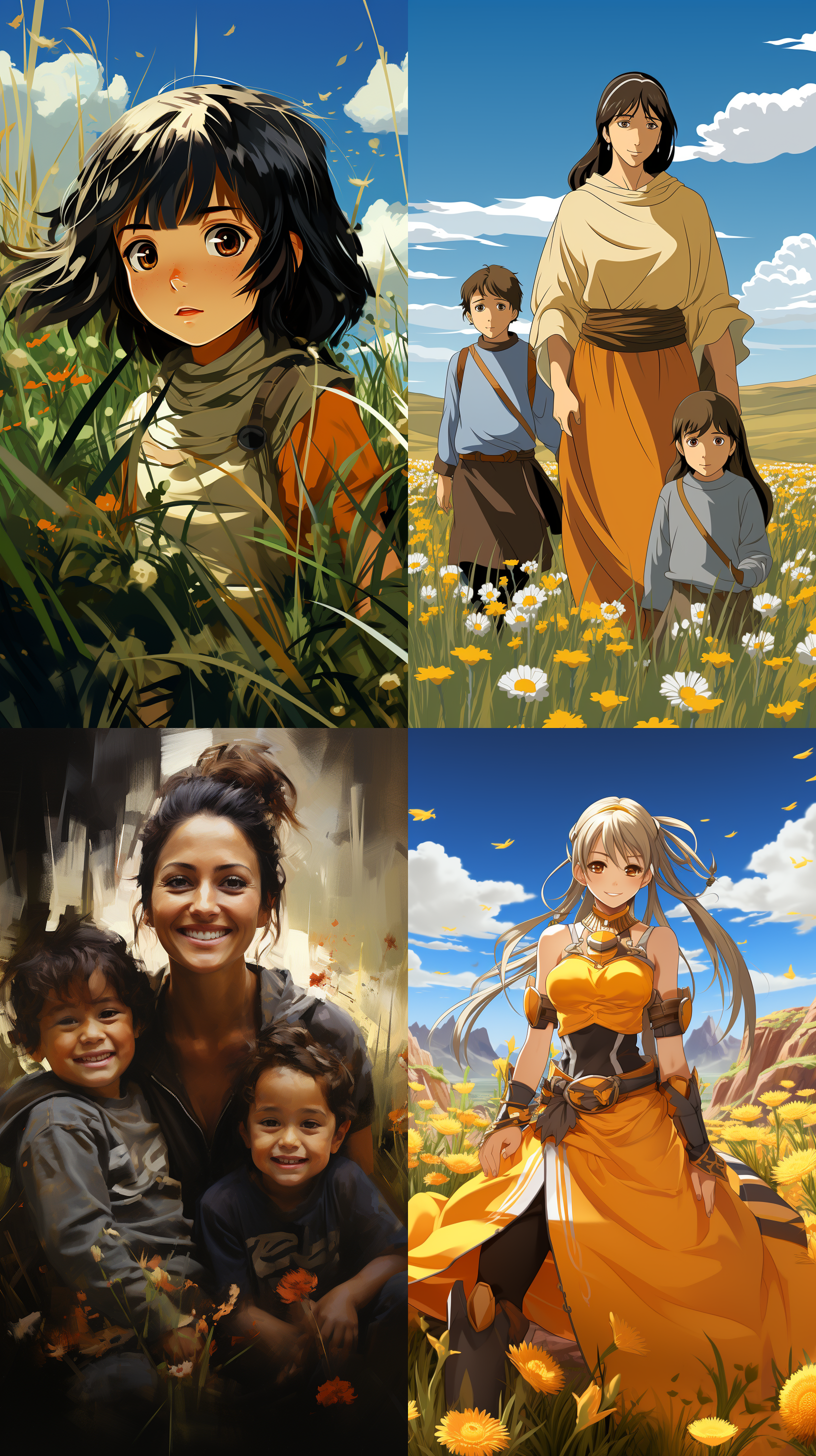 an asian girl and boys on the grassland, with a happy expression and delicate facial features, wearing a pleated skirt, a yellow open necked sweater top, dopamine color scheme, flowers, ambient light, and high-definition