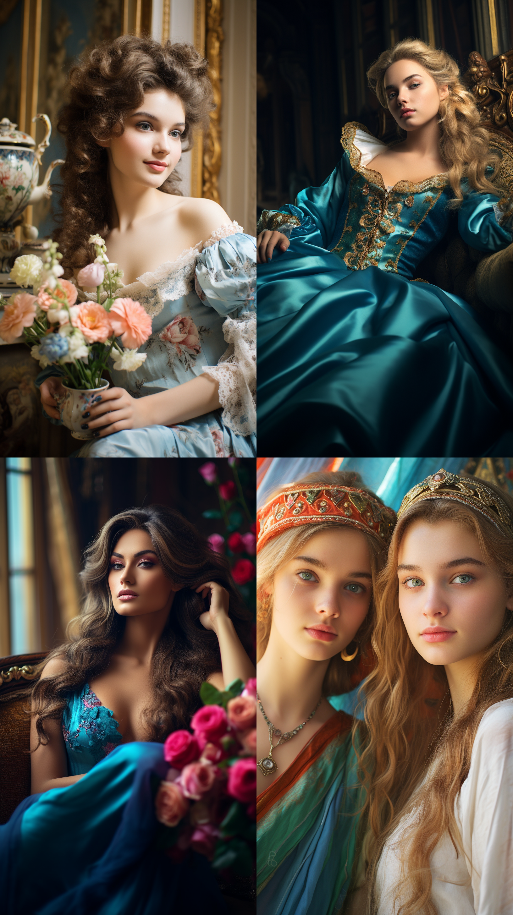 室内拍摄，明亮色调，模特穿着古典服装，侧面肖像，柔和光线，中焦镜头，端庄表情，优雅动作，传统元素，油画效果，温暖情感